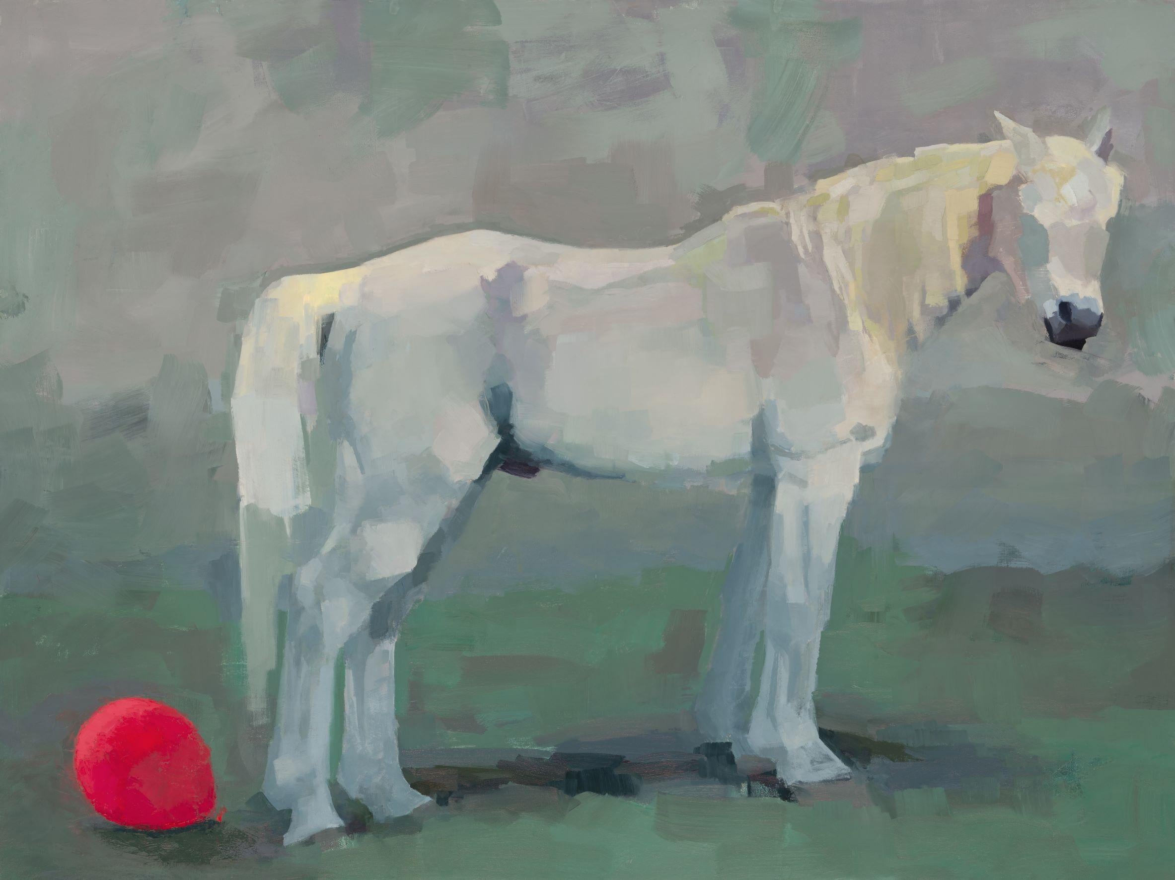 Dissolutioin", de Shelli Langdale, es un óleo original hecho a mano que representa un caballo blanco en un campo verde con un globo rojo flotando en el suelo. Esta pieza está sin enmarcar, pero lista para colgar.  

Biografía del artista:
Shelli