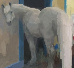 "Fissure" di Shelli Langdale, dipinto a olio di cavallo bianco con calze rosse