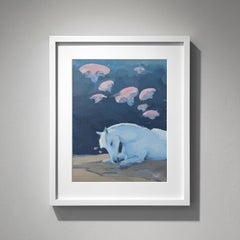 "Cavallo con medusa" - Natura morta animale surrealista, pittura a olio su carta