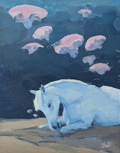 "Cavallo con medusa" - Natura morta animale surrealista, pittura a olio su carta