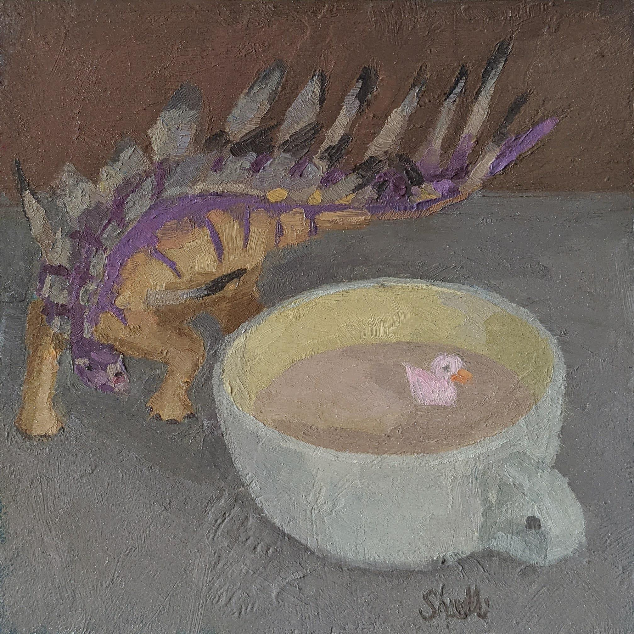 Shelli Langdale Still-Life Painting - "Latte with Dinosaur" Oil Painting 