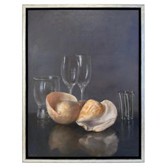 Conchas y copas de cristal, Bodegón con objetos reflectantes, Óleo sobre tabla