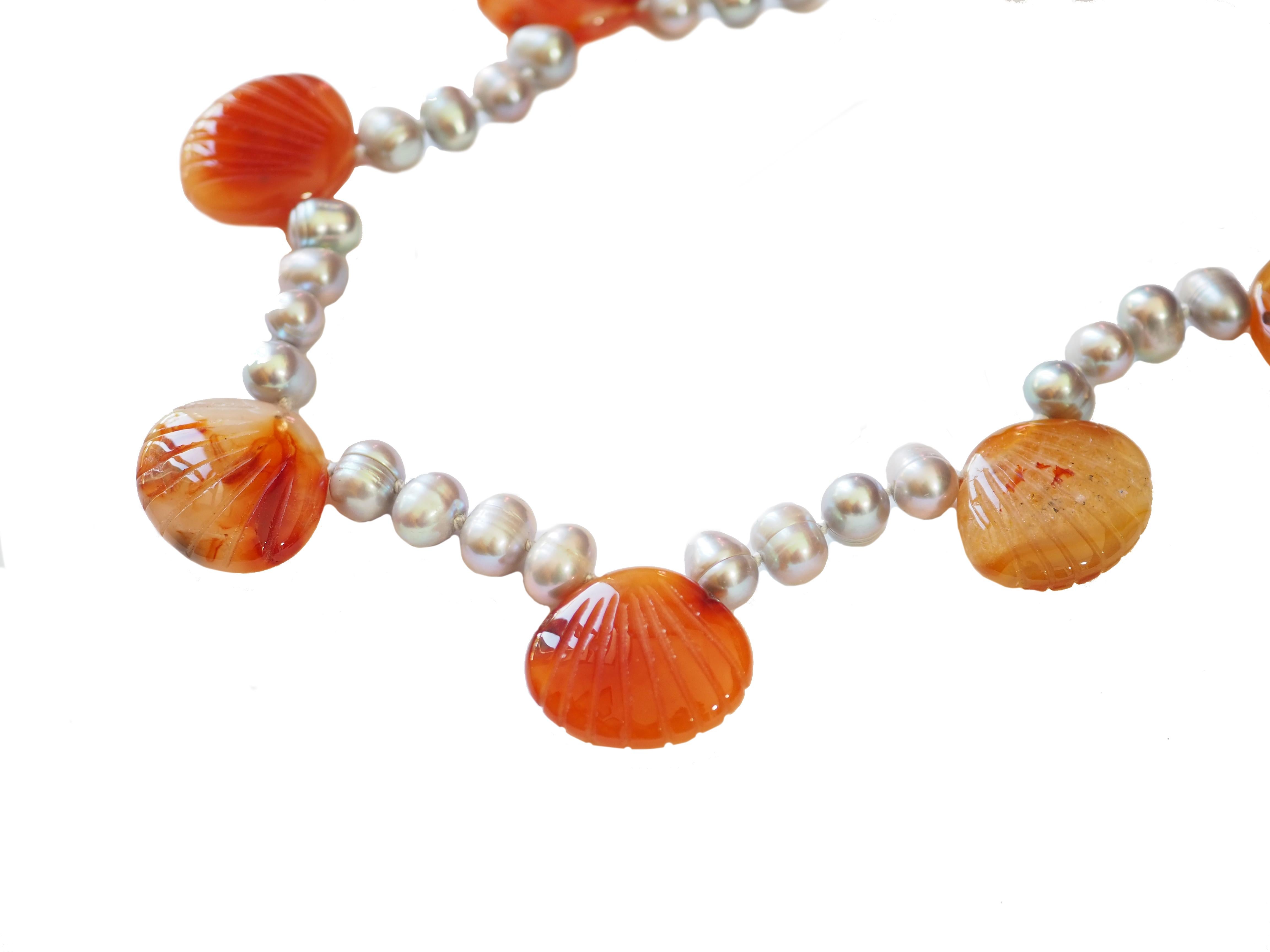 Artist Shells Necklace Fresh Water Pearls Carved Carnelian 18 Karat Gold For Sale