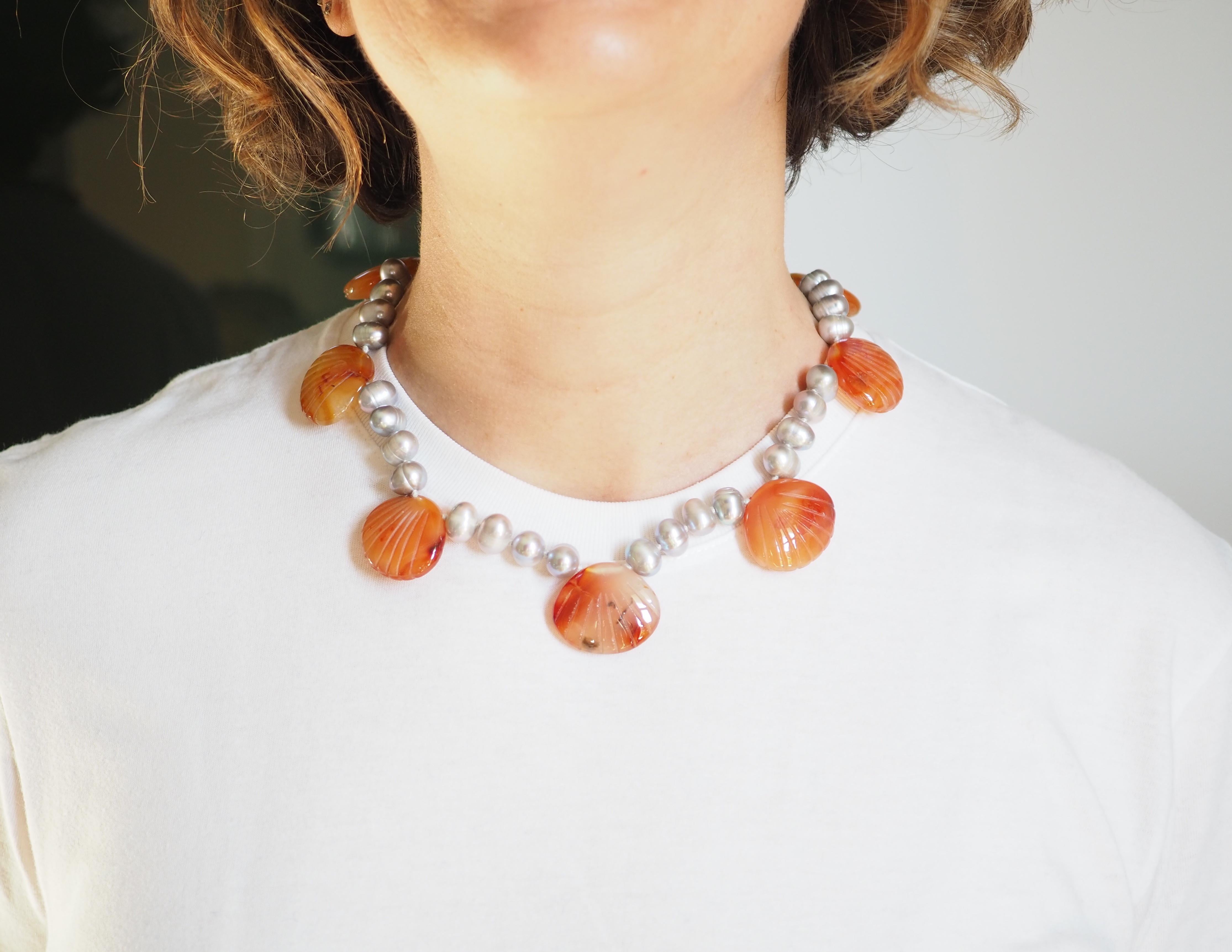 Women's Shells Necklace Fresh Water Pearls Carved Carnelian 18 Karat Gold For Sale