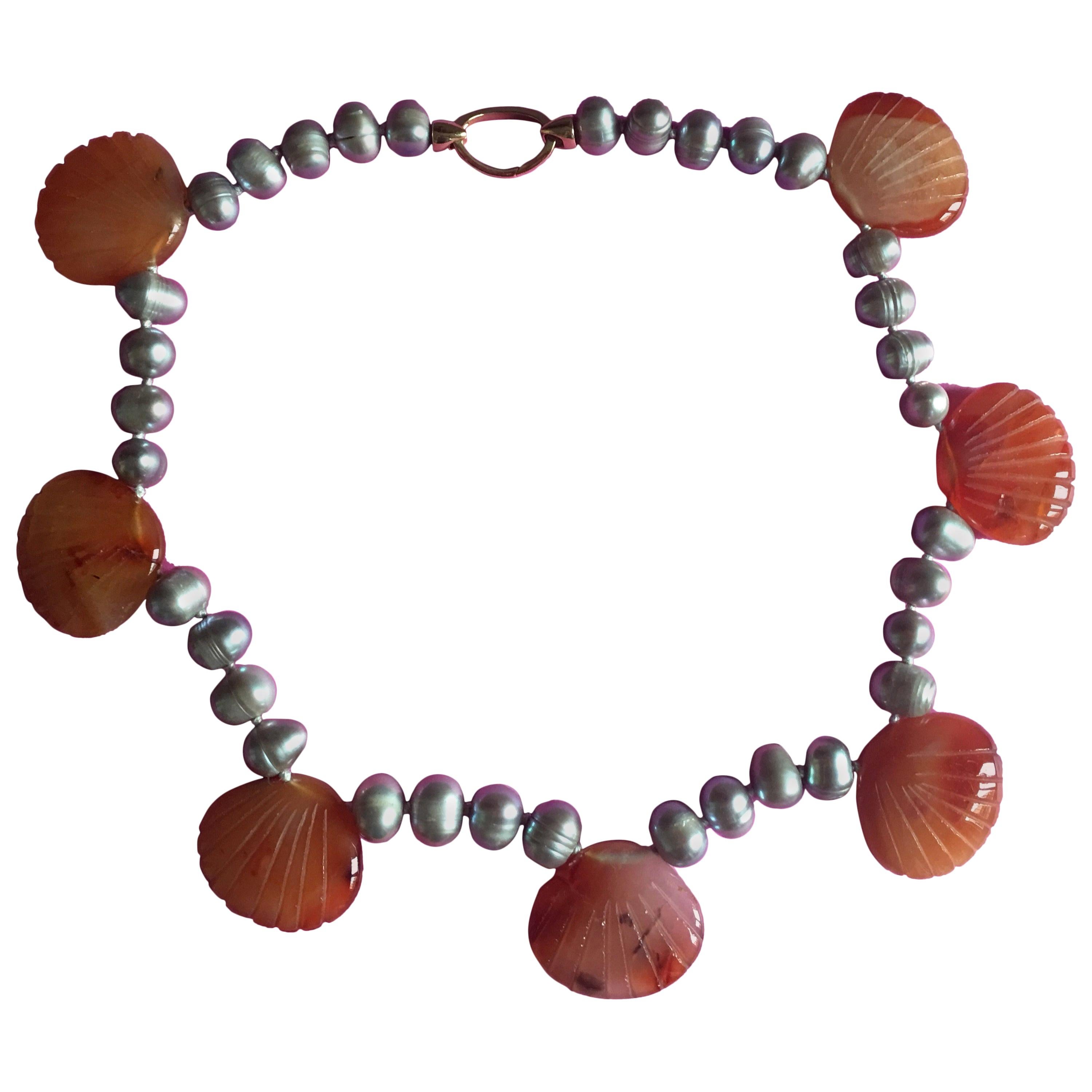 Shells Necklace Fresh Water Pearls Carved Carnelian 18 Karat Gold For Sale