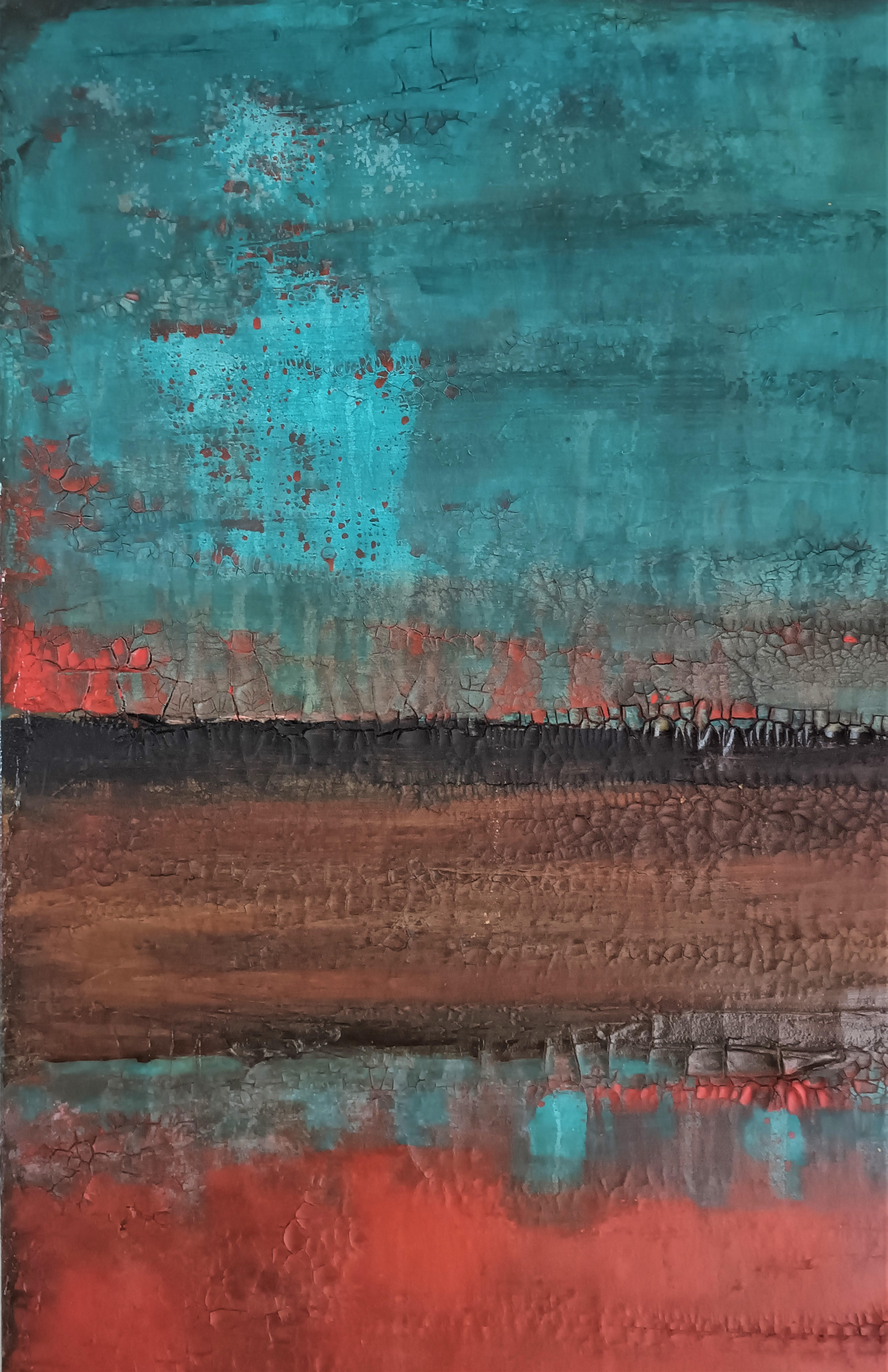This painting is resonant with bold colours and layers of those colours combine to form a beautiful whole. The inspiration for this piece was the drought we experienced in the Summer of 2022. Sun baked earth and relentless, cloudless skies, the