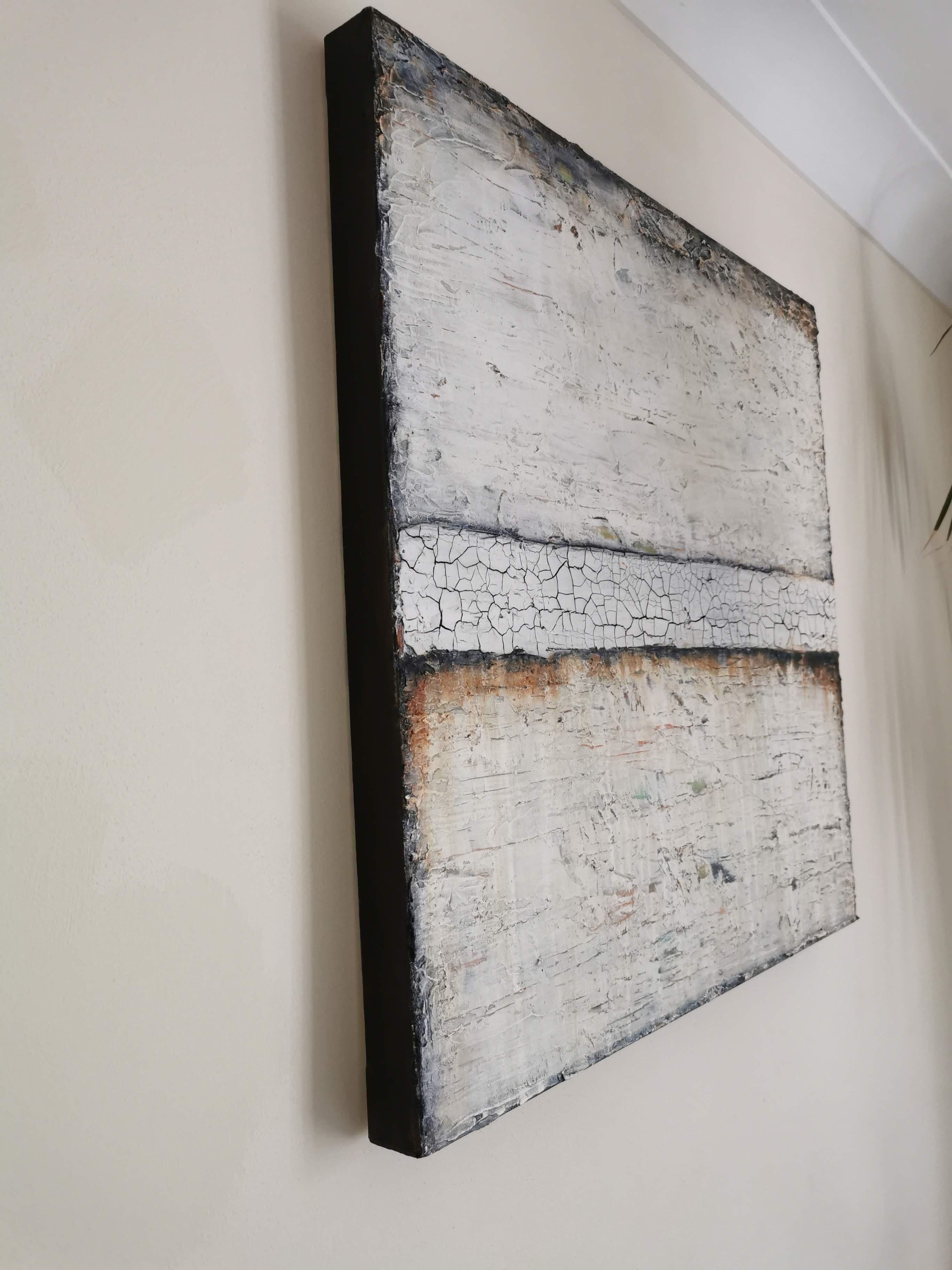 This painting is signed on reverse so that it can be hanged whichever way one chooses.

Heavily textured with paste, crackle, and acrylics in a heavy box frame.

This is Shelly’s description of her painting; “To me, this piece reminds me of a