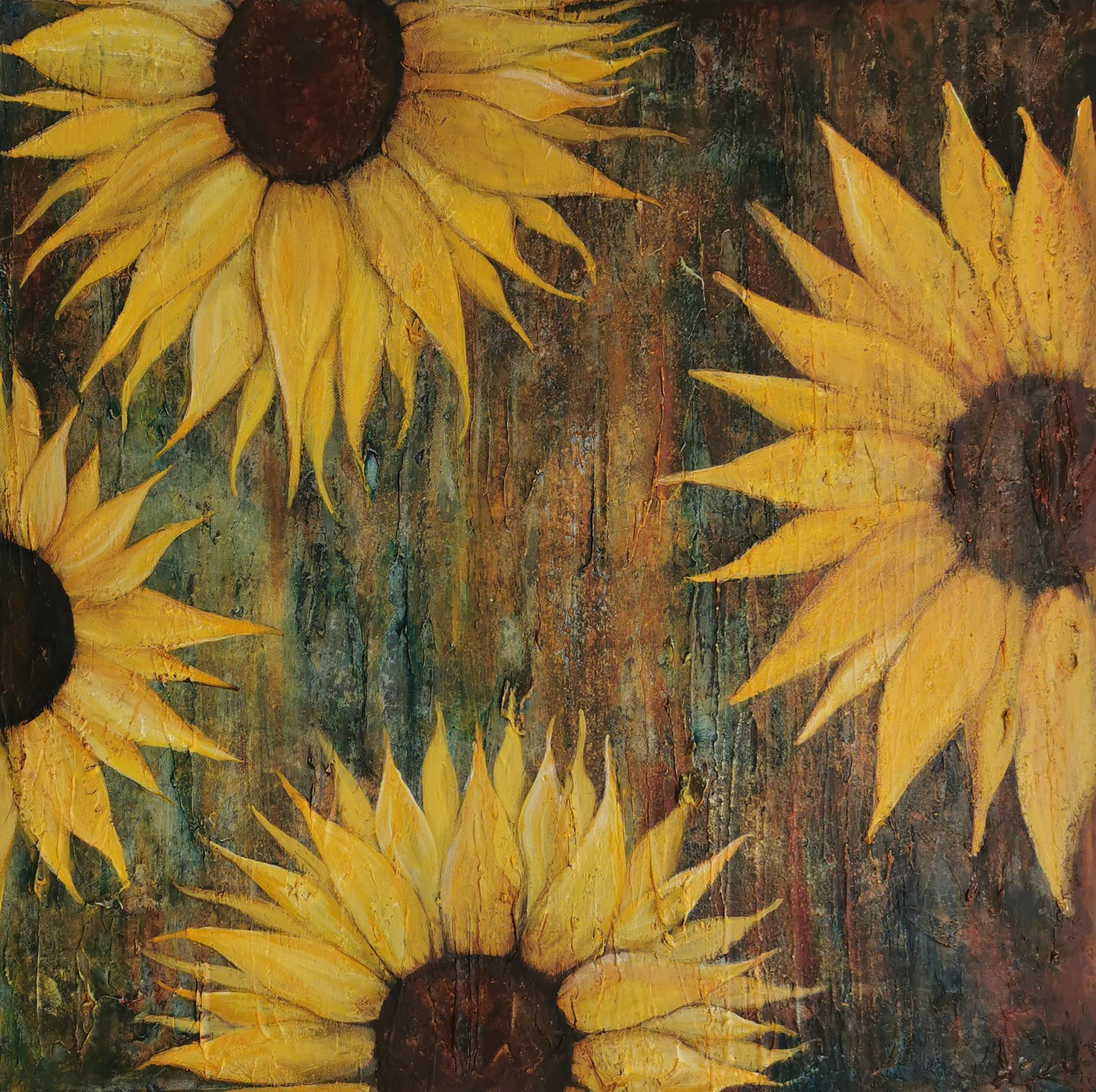 Tournesols rouillés : Peinture abstraite contemporaine en techniques mixtes en vente 2