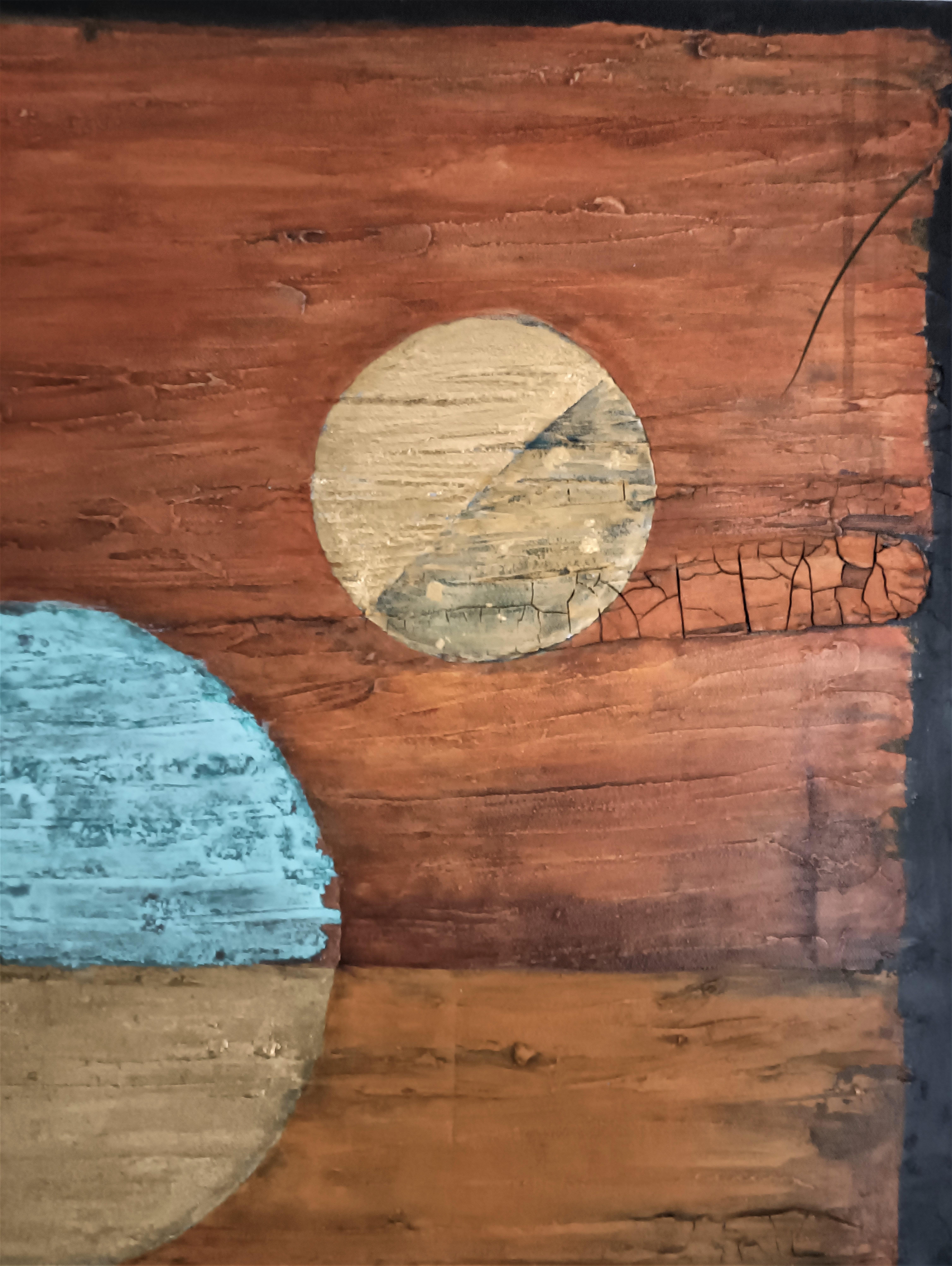 Solar activity impacts our entire world and when the sun experiences turbulence so do we. Sunspots offers Shelly's very personal view of the sun's mood.

Acrylic on box canvas with gold leaf and oxidised copper paint

