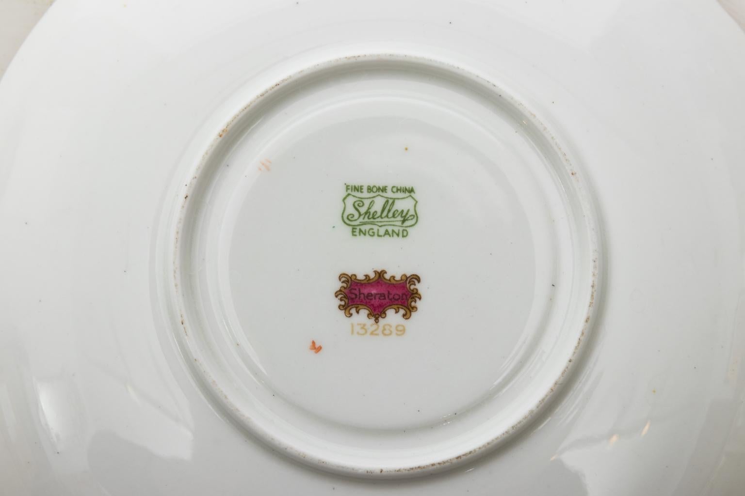 Shelly Sheraton pattern English footed teacup and saucer. Saucer 5.75 inches diameter, circa 1920s.
  
