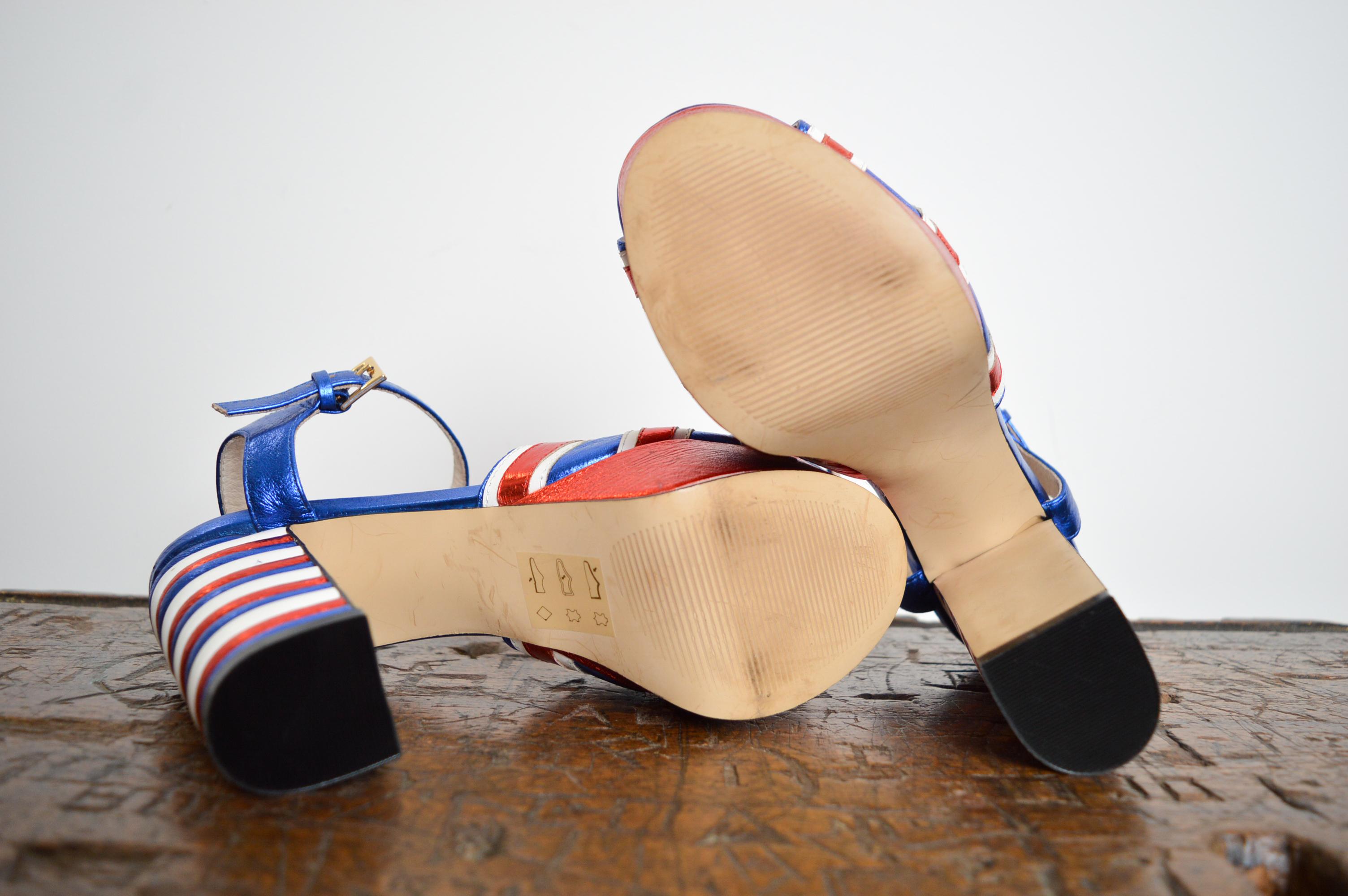 Shellys London Incredible 2000s Union Jack England Flag Leather Platform Sandals For Sale 7
