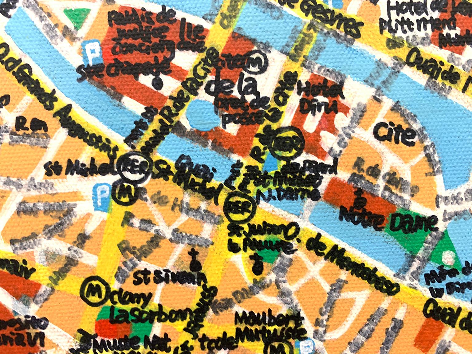 Carte de Paris, jaune, bleu, vert et rouge, huile et encre  sur toile Shelter Serra en vente 2