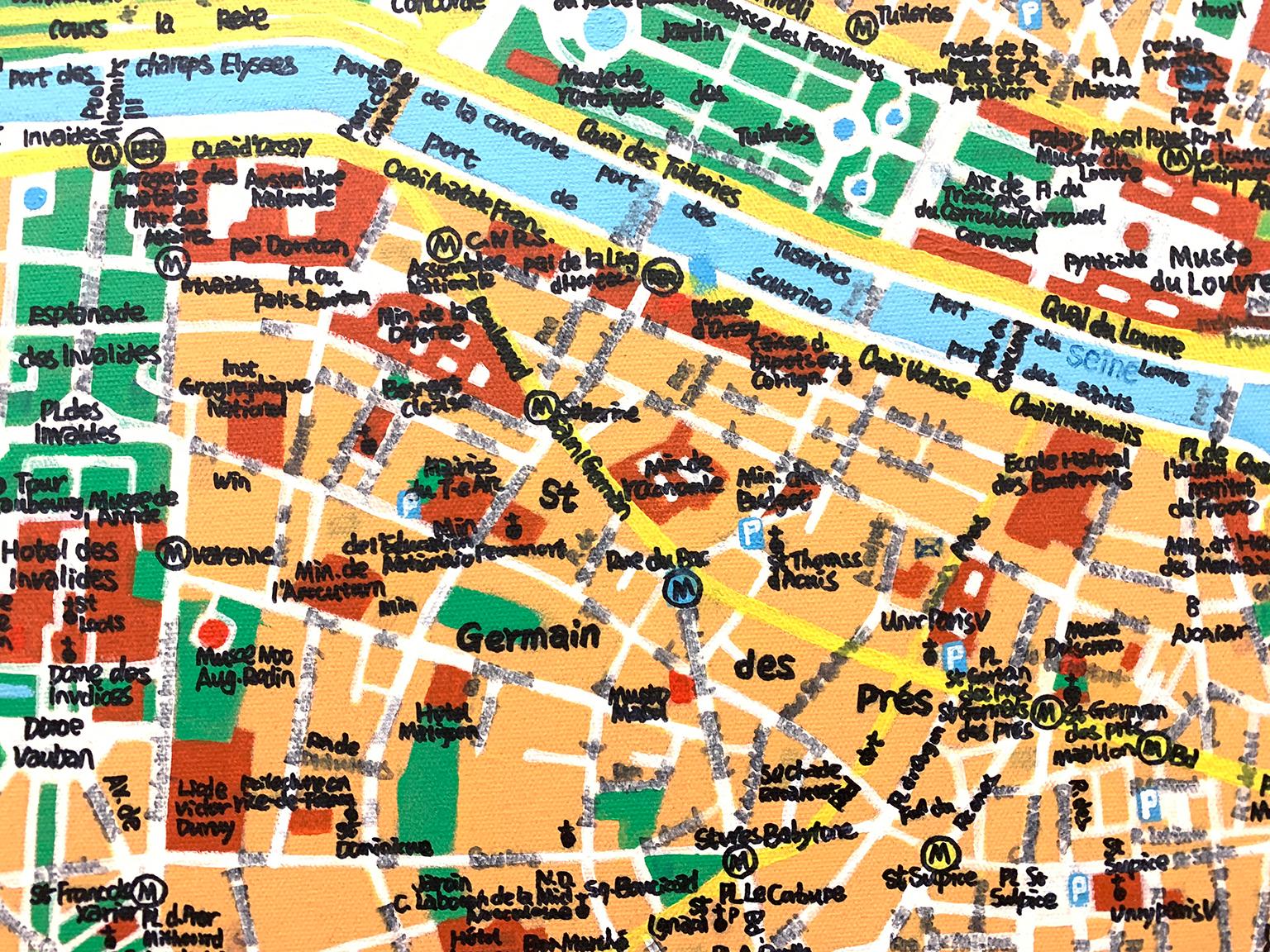 Map of Paris
2014
18.5”x20.5”x.75” inches
oil and ink on canvas

The painting, “Map of Paris”, is based off a popular postcard of Paris. By simplifying the city into a landscape of symbols, streets, and locations, the beauty and history of Paris