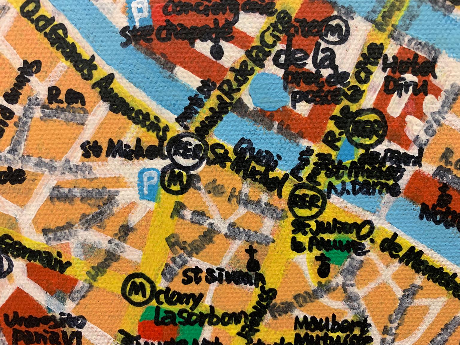 Carte de Paris, jaune, bleu, vert et rouge, huile et encre  sur toile Shelter Serra en vente 4
