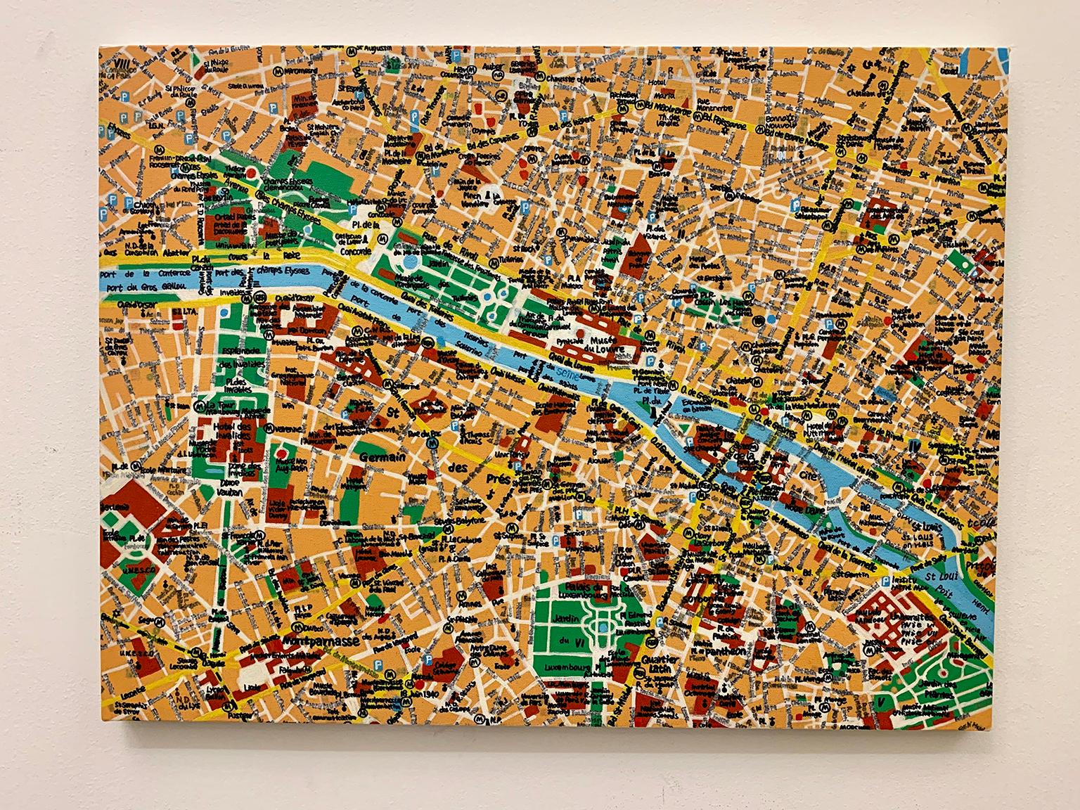 Map of Paris, Yellow, Blue, Green & Red, Oil and ink  on canvas by Shelter Serra For Sale 2