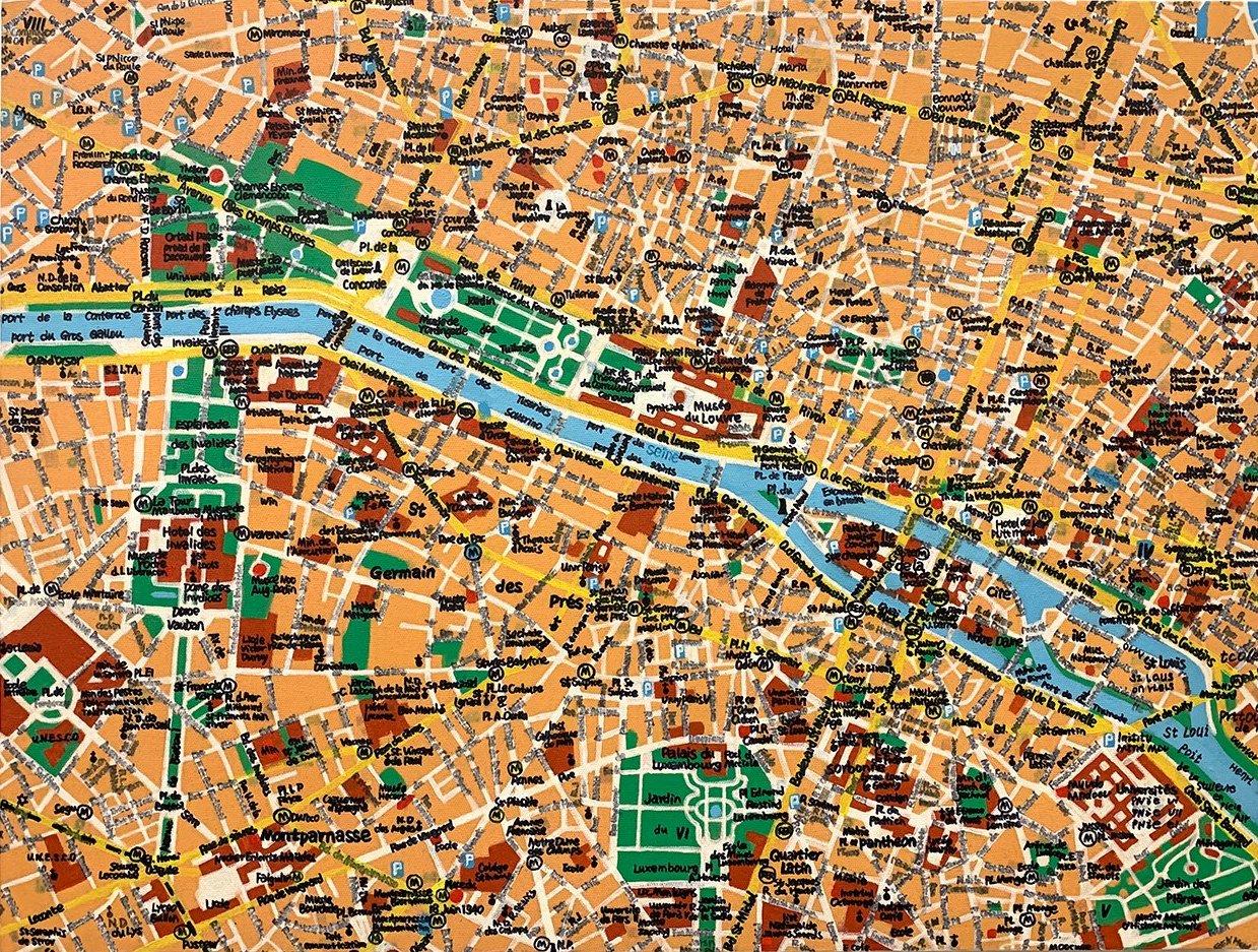 Karte von Paris
2014
18,5 "x20,5 "x.75" Zoll
Öl und Tinte auf Leinwand

Das Gemälde mit dem Titel "Map of Paris" basiert auf einer beliebten Postkarte von Paris. Durch die Vereinfachung der Stadt auf eine Landschaft aus Symbolen, Straßen und Orten