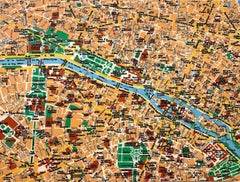 Map of Paris, Yellow, Blue, Green & Red, Oil and ink  on canvas by Shelter Serra