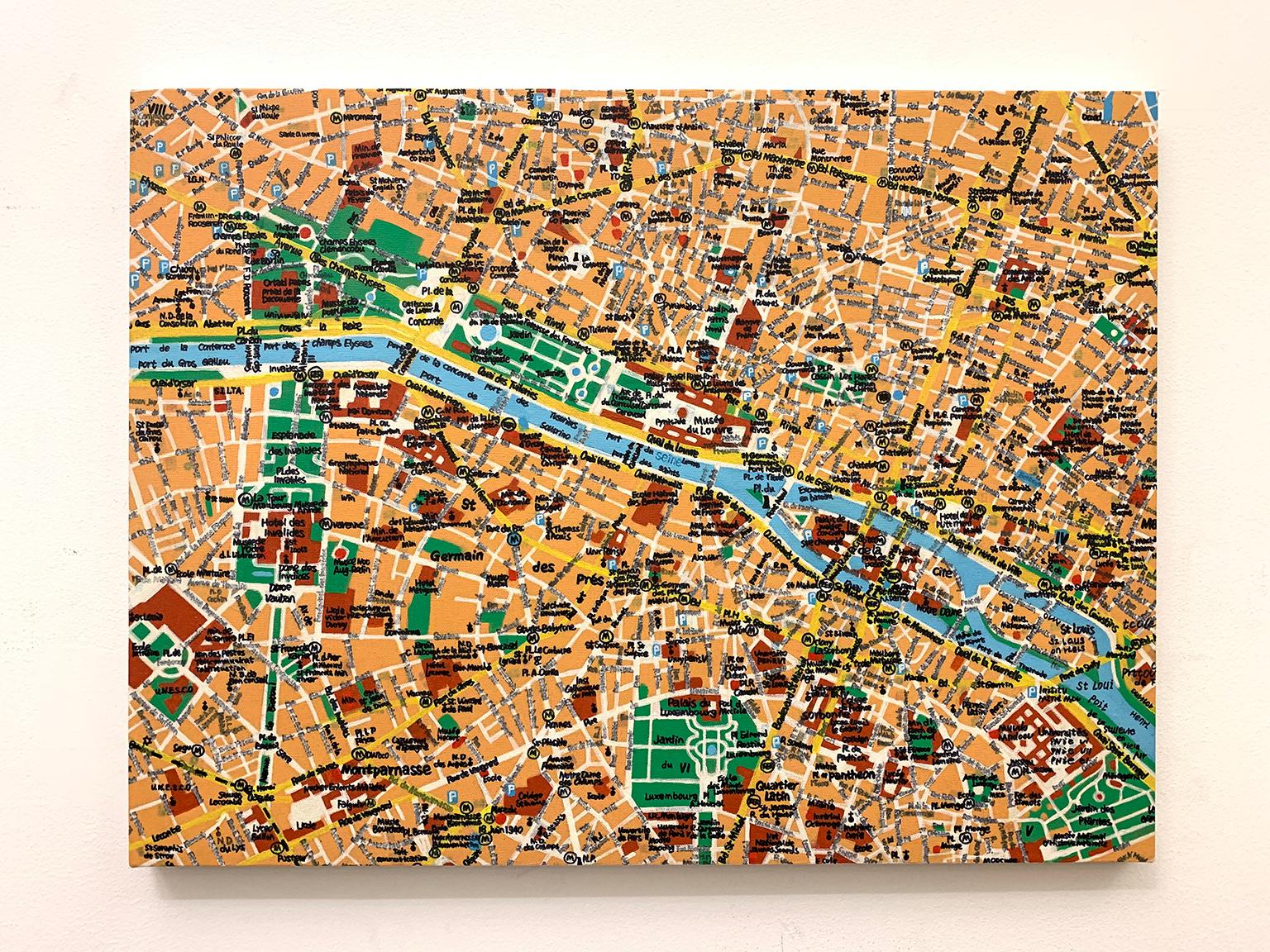Karte von Paris, Gelb, Blau, Grün und Rot, Öl und Tinte  Auf Leinwand von Shelter Serra im Angebot 1