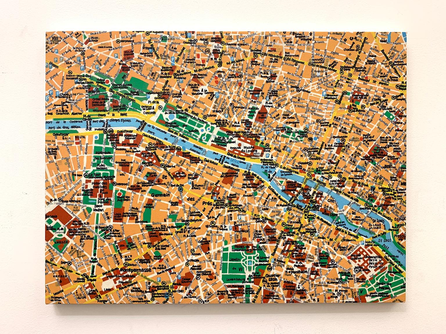 Carte de Paris, jaune, bleu, vert et rouge, huile et encre  sur toile Shelter Serra en vente 1
