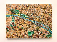 Map of Paris, Yellow, Blue, Green & Red, Oil and ink  on canvas by Shelter Serra