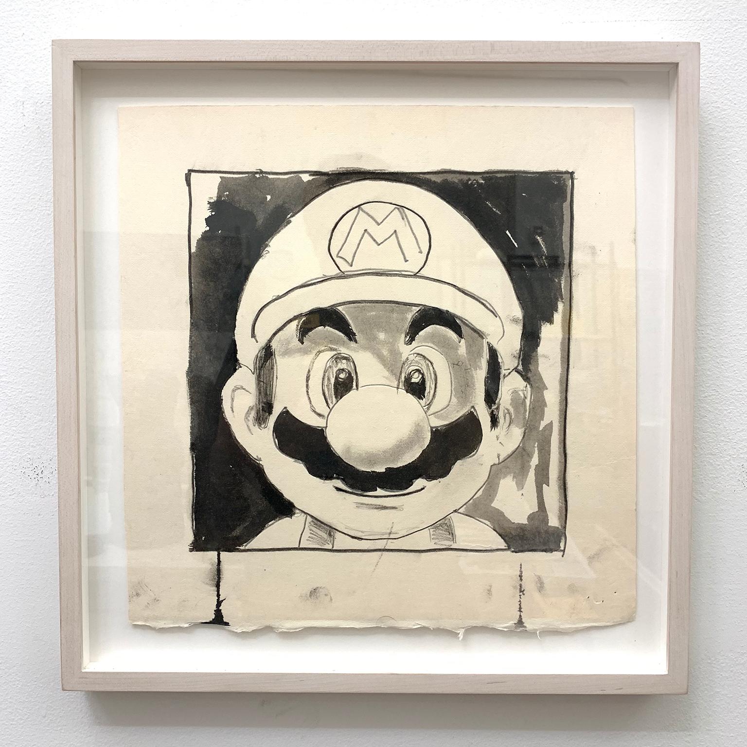 Mario (Grin), 2018, encre et crayon sur papier, noir et blanc, par Shelter Serra en vente 1