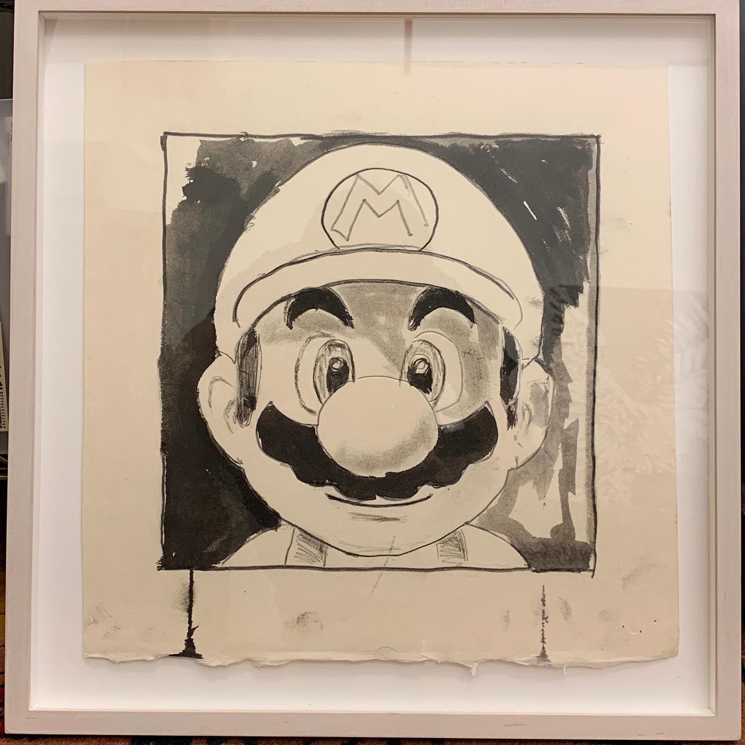 Mario (Grin), 2018, encre et crayon sur papier, noir et blanc, par Shelter Serra en vente 2