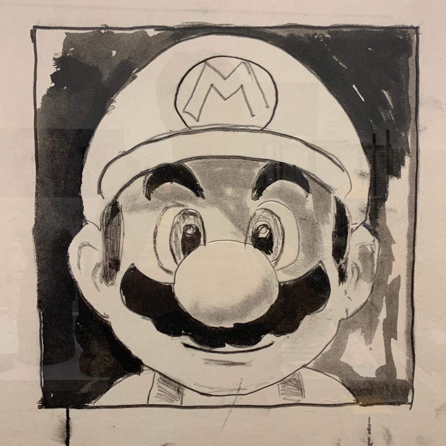 Mario (Grin)
2018
16”x16.5”x1.25” inches
Sumi ink and pencil on Japanese Washi Paper 

Mario, the main character from the Super Mario Bros. video game is one of the most recognizable images and a true archetype of our contemporary society. This