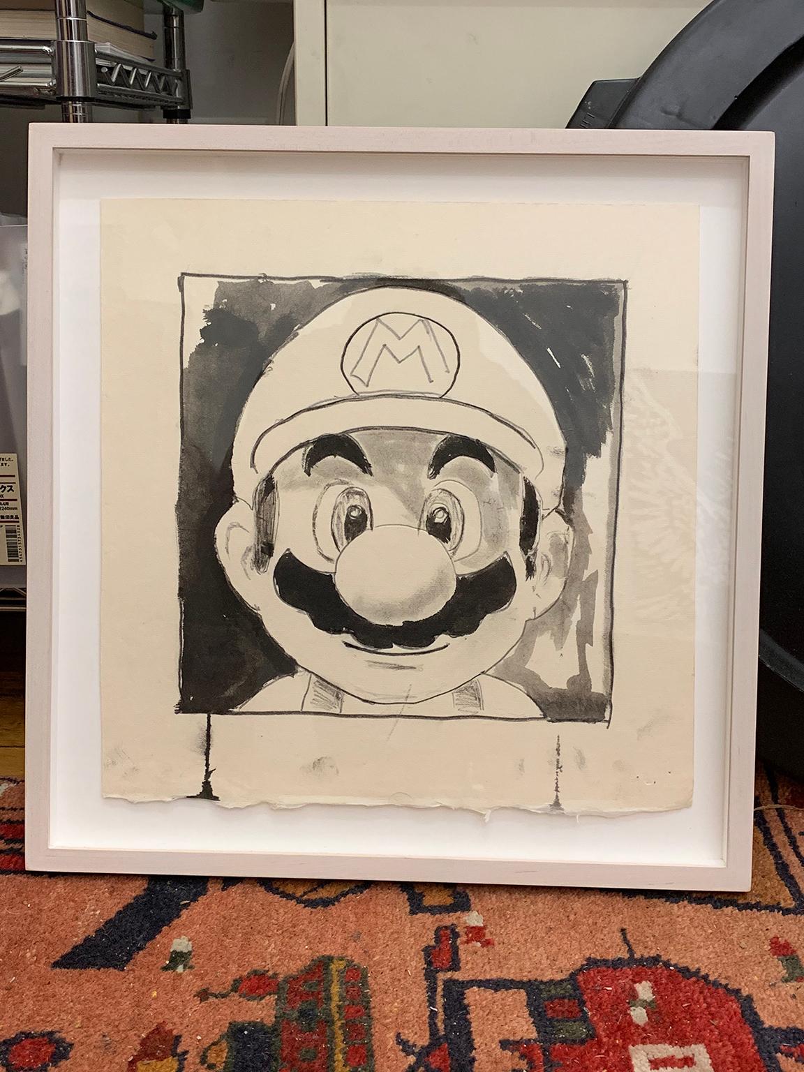 Mario (Grin), 2018, encre et crayon sur papier, noir et blanc, par Shelter Serra en vente 8