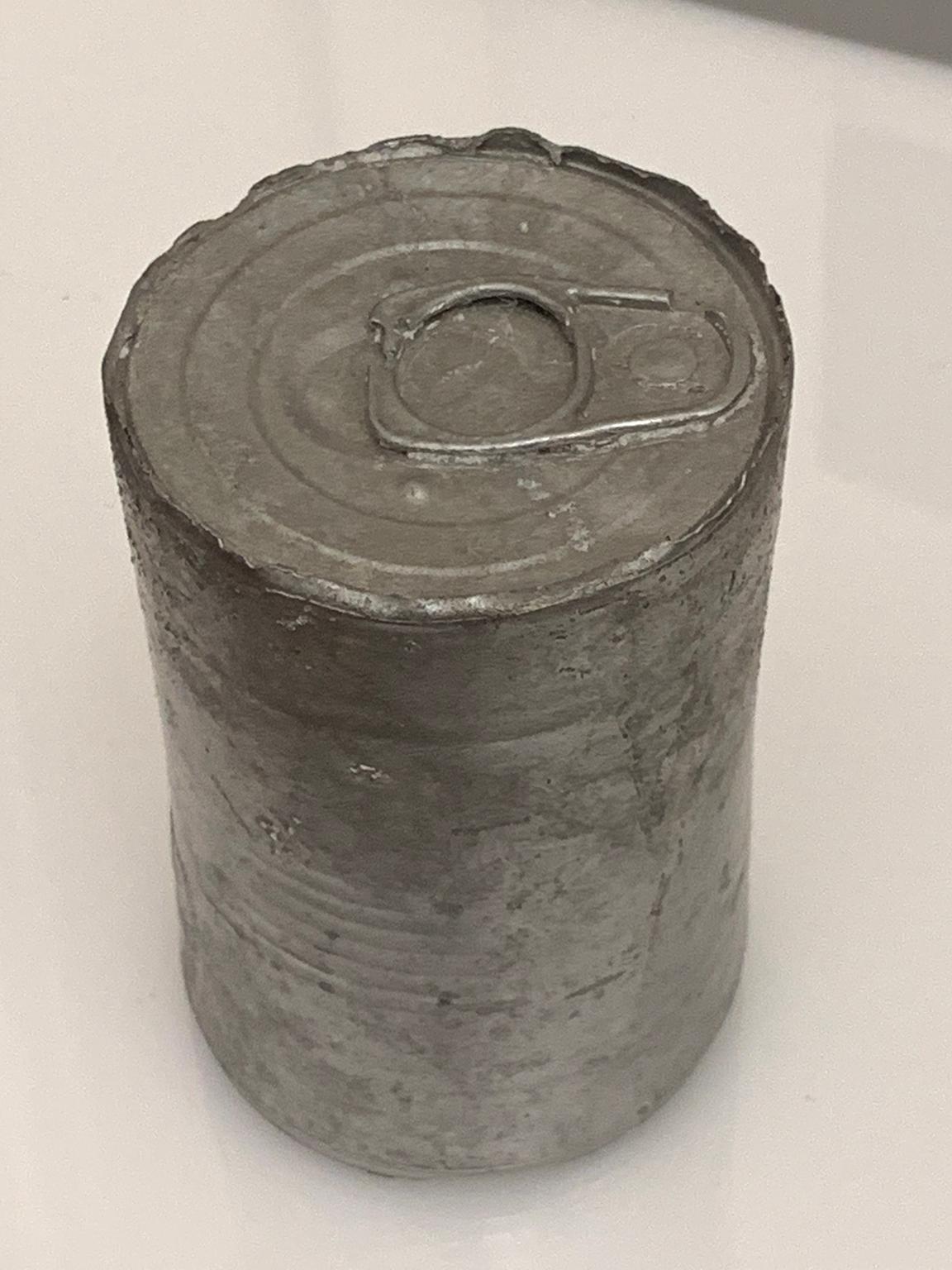Campbell’s Pea Soup Can, 2017, 3.75”x2.5” inches diameter, cast aluminum, edition of 2.

Pop Artist Andy Warhol made the Campbell’s soup can an icon of Post War America.
This version, cast from an original can, in solid aluminum, is an ode to Mr.