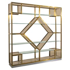 Etagère bibliothèque Etagere Romeo Rega Italie 1970 laiton milieu du siècle verre regency