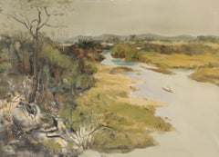 Huile sur toile originale "Waterside", paysage aquatique de Sheng Hui