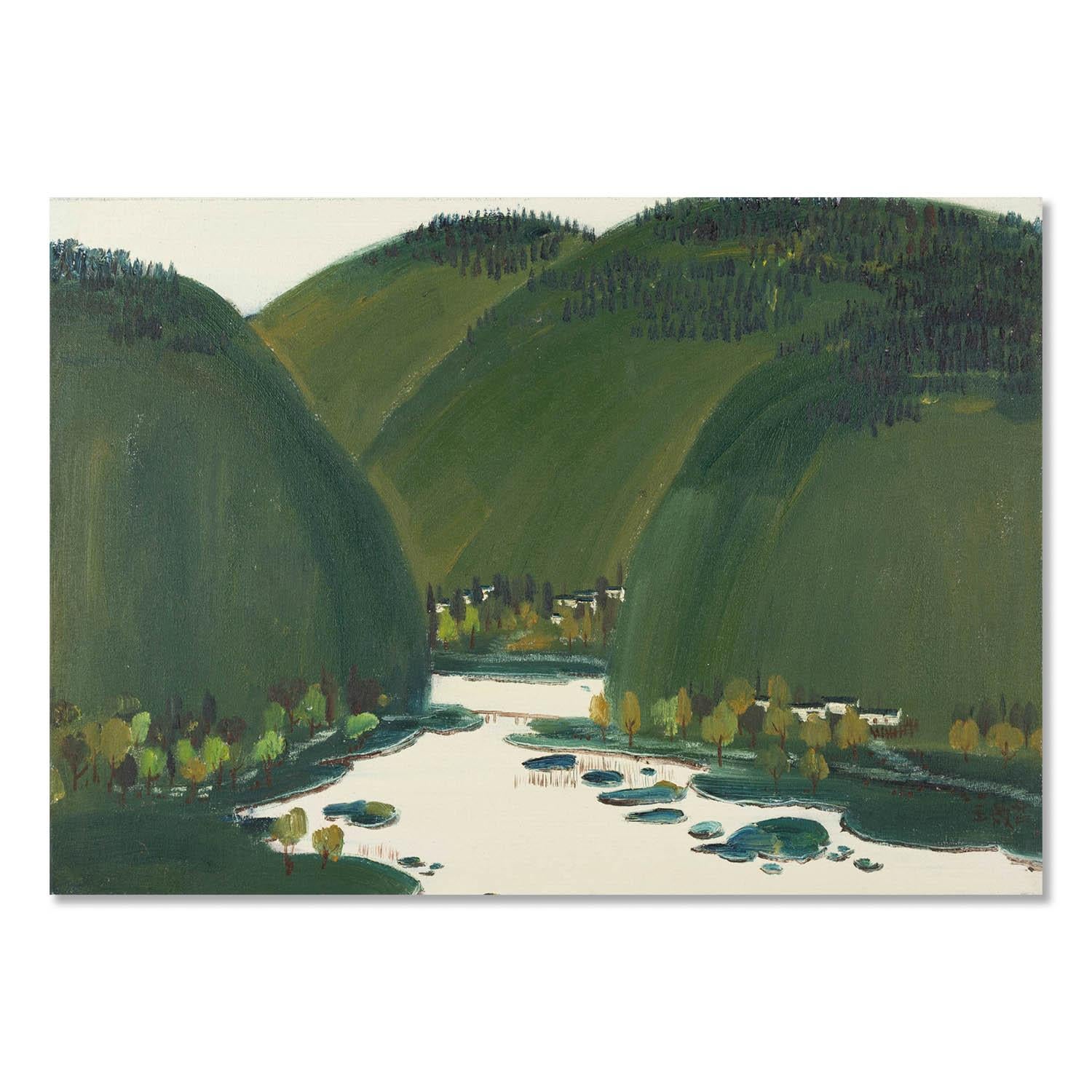 Shenglu Wang Impressionist Original Ölgemälde "Fluss und Berg"