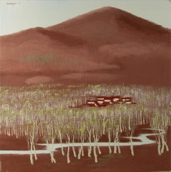 Shenglu Wang Paisaje Óleo Original Sobre Lienzo "Pueblo en Marrón y Verde"