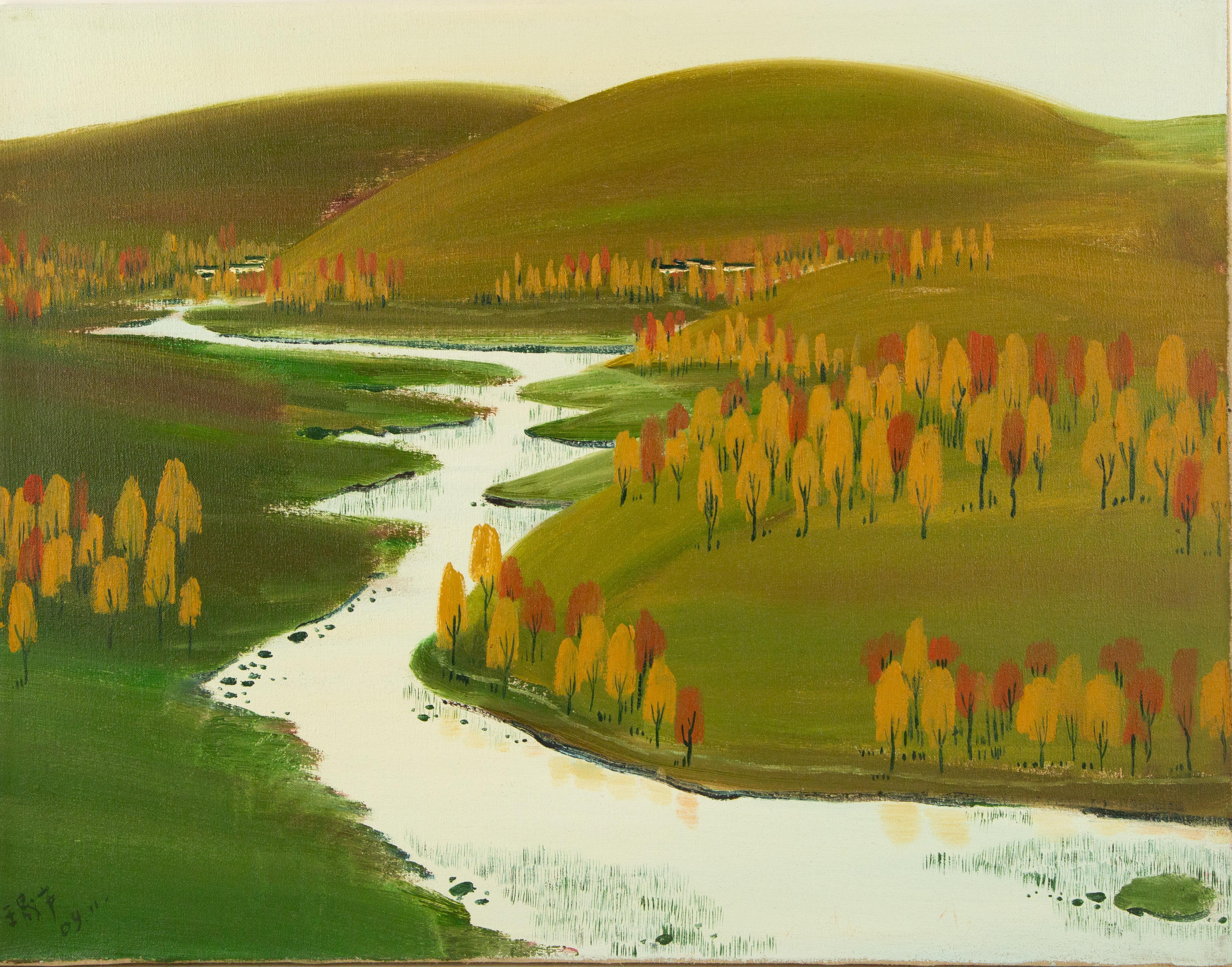  Title: Autumn Ambiance
 Medium: Oil on canvas
 Size: 21.5 x 27 inches
 Frame: Framing options available!
 Condition: The painting appears to be in excellent condition.
 
 Year: 2004.11
 Artist: Shenglu Wang
 Signature: Signed
 Signature Location: