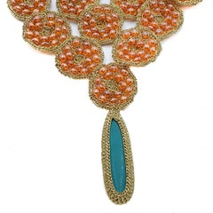 Gold Color Thread Orange Beads Turquoise Fashion Jewelry Statement Bold Necklace
