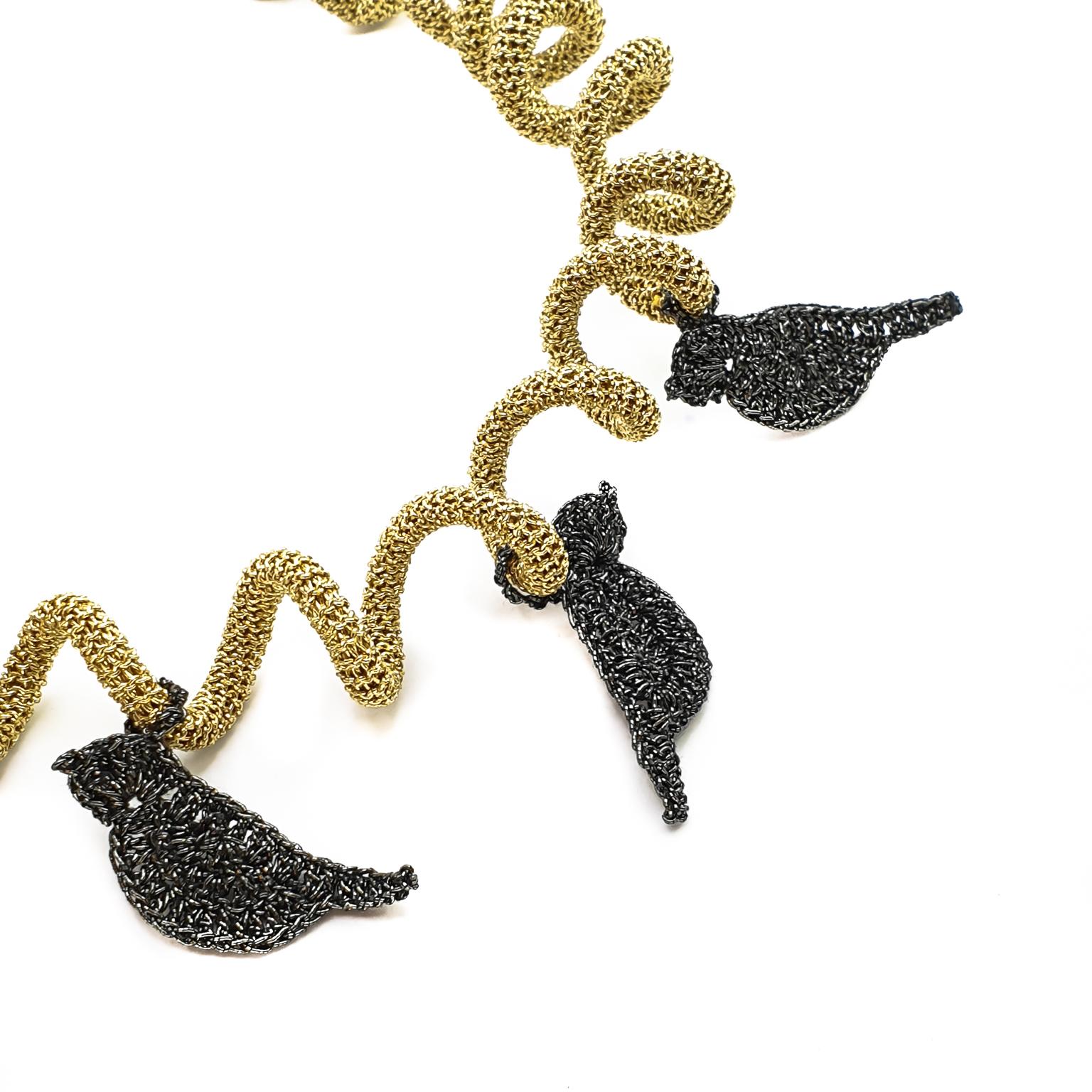 Women's Gold Color Thread Black Birds Modern Art Nouveau Style Jewelery Necklace  For Sale
