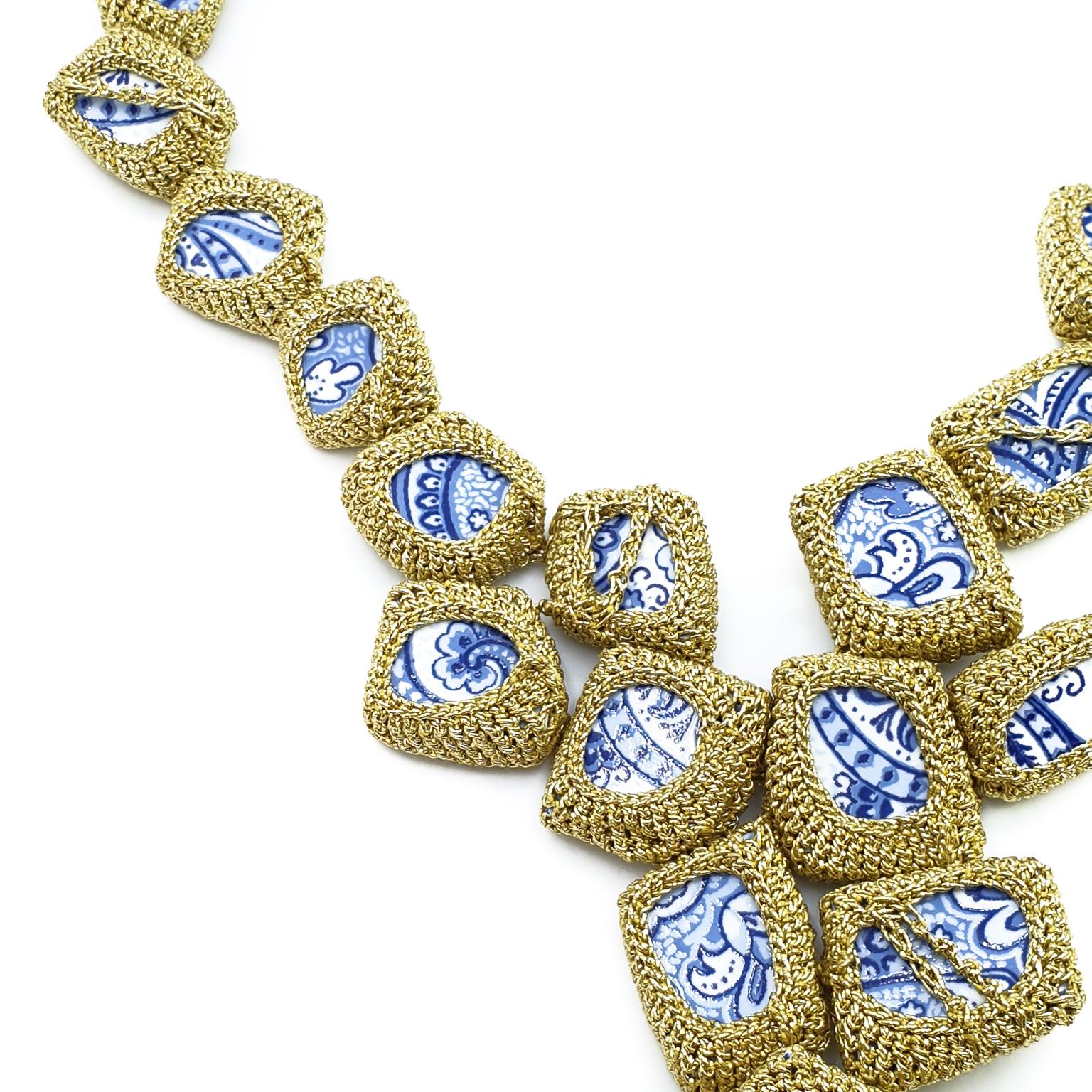 Artisan Gold Color Thread Blue White  Porcelain Delft Style Architectural Necklace For Sale