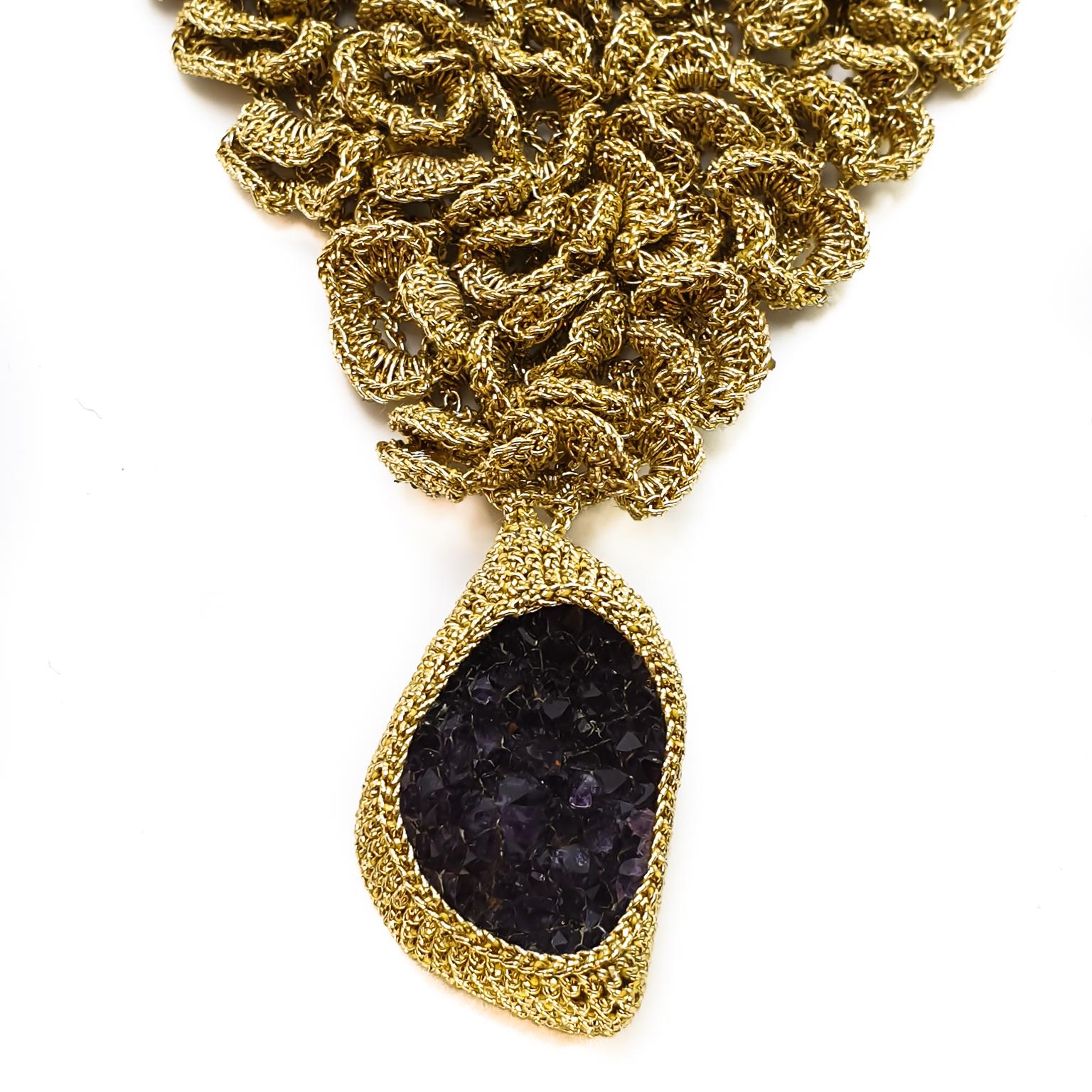 Gold Color Thread Purple Amethyst Floral Maximalist Jewelry Bold Necklace  In New Condition For Sale In Kfar Saba, IL