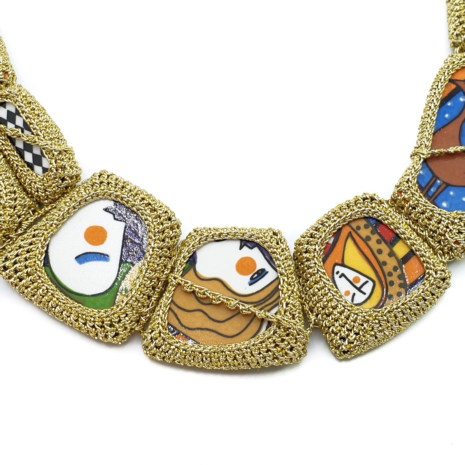 Artisan Gold Thread Modern Color Fun Porcelain Contemporary Artistic Fashion Necklace For Sale