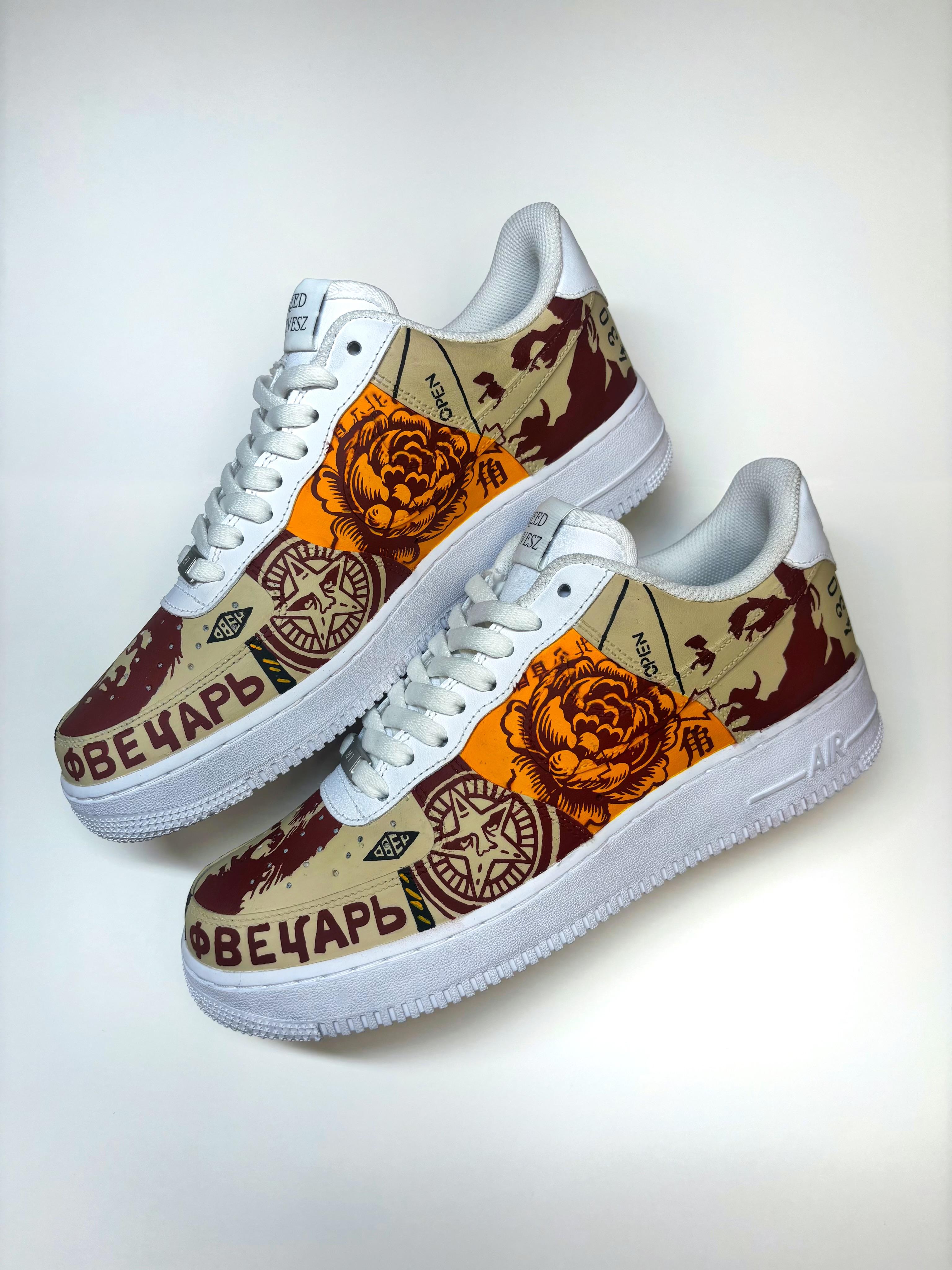 These Shepard Fairey inspired sneakers are hand-painted by Reed Revesz. They are inspired by a mural painted by Shepard Fairey in Wynwood Walls. Reed Revesz sneakers are custom made and typically take between 2-4 weeks to produce if we do not have