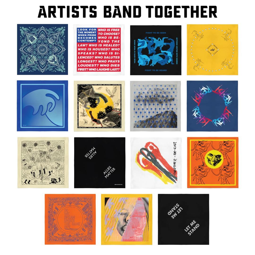 Kompletter Satz von 15 Bandanas für Künstlerband Together Art Movement – Mixed Media Art von Shepard Fairey