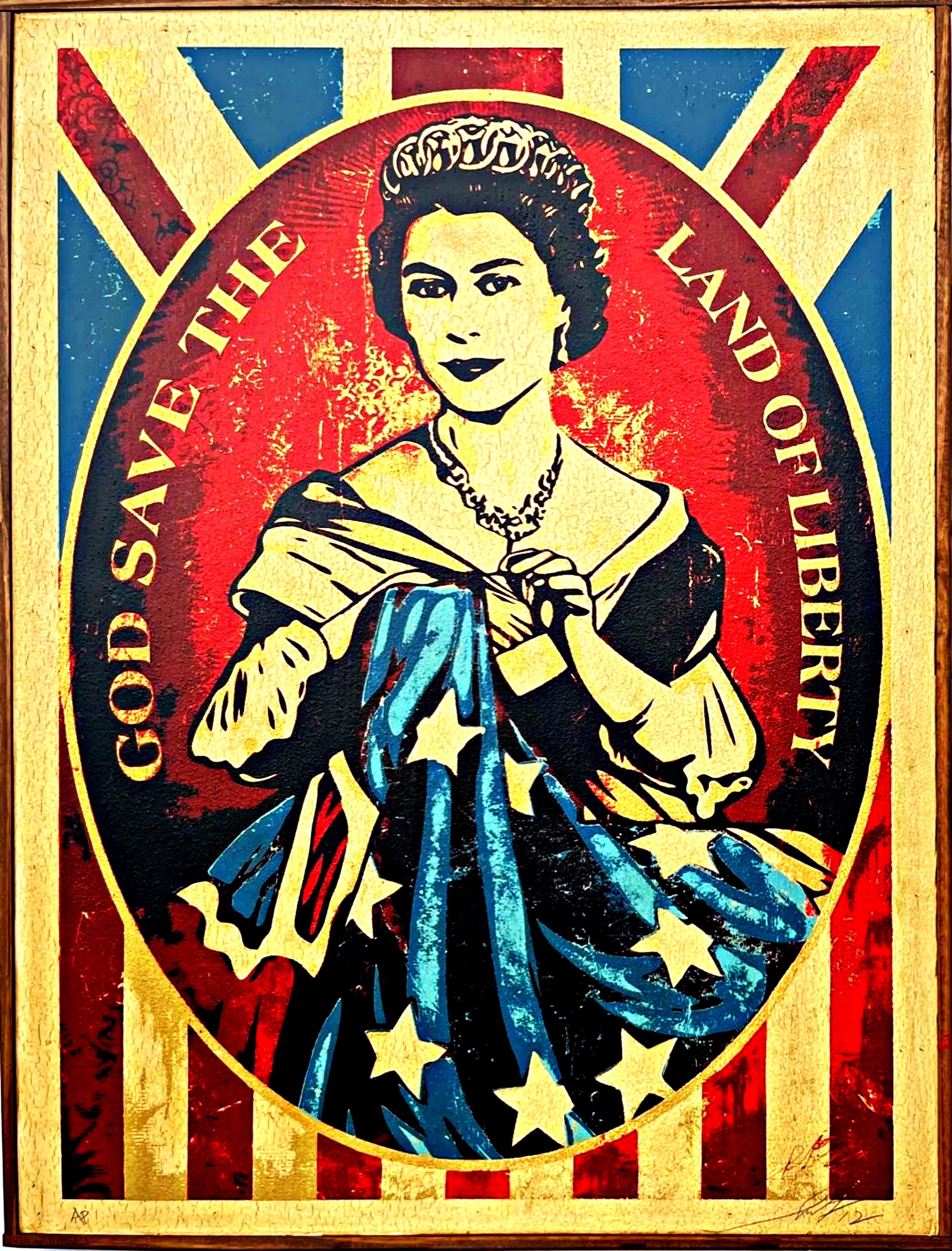 God Save the Queen Homage to Queen Elizabeth II -one of only seven on wood panel - Mixed Media Art by Shepard Fairey