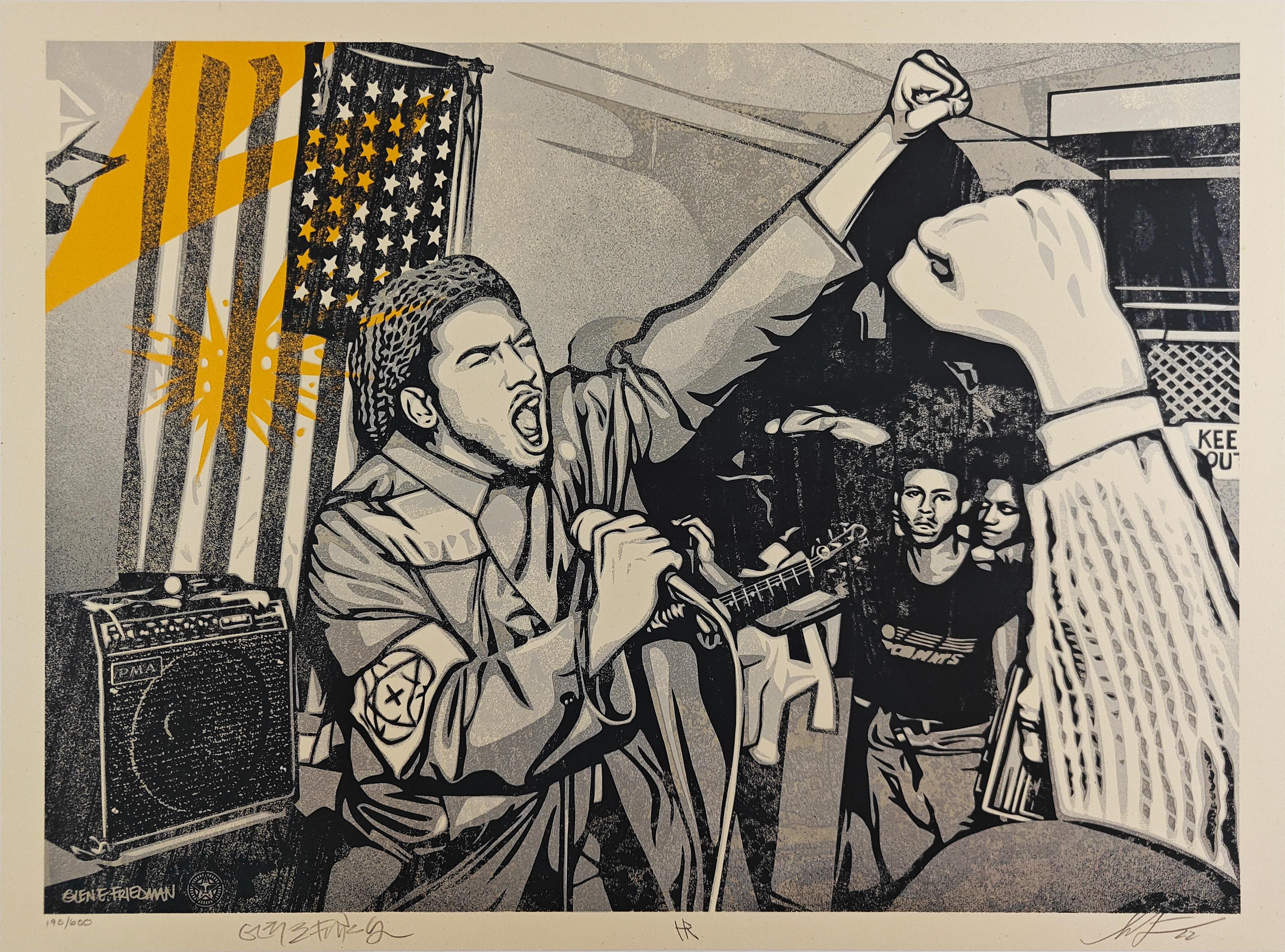 Serigrafía sobre papel grueso crema Speckletone con unas dimensiones de 18 x 24 pulg. Publicado en 2022 a partir de una edición de 600 ejemplares. Firmado y numerado por Shepard Fairey, Glen E. Friedman y HR.  

Shepard Fairey es una de las