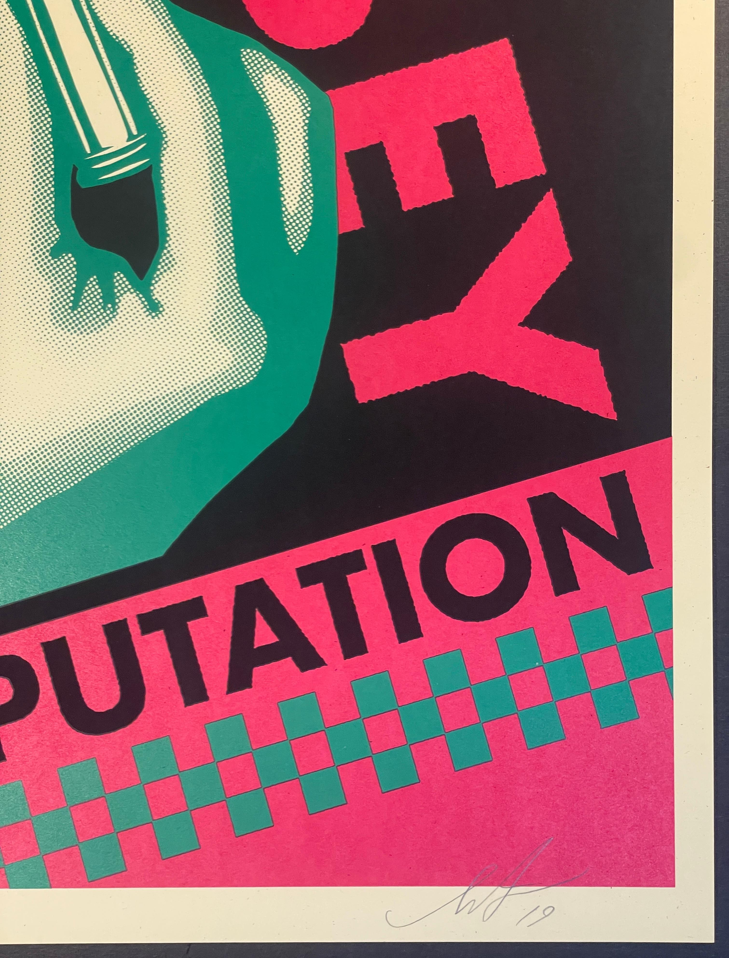 Bad Reputation (Black) on Speckle Tone Paper. 18 x 24 inches. Signed by Shepard Fairey. Numbered edition of 83/350.

My Obey “Bad Reputation” print is inspired by music graphics, especially punk and new wave album sleeves, t-shirts, and flyers. I