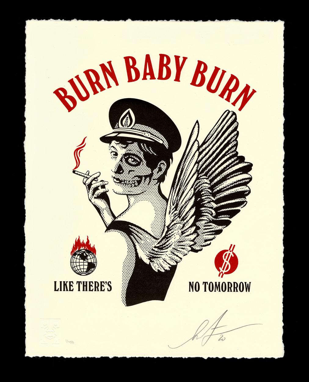 Burn Baby Burn, inspiré de l'esthétique du rock 'n' roll "vivre vite - mourir jeune", est une critique de certaines habitudes néfastes auxquelles nous sommes accros. Non seulement les effets nocifs de la combustion des combustibles fossiles, mais