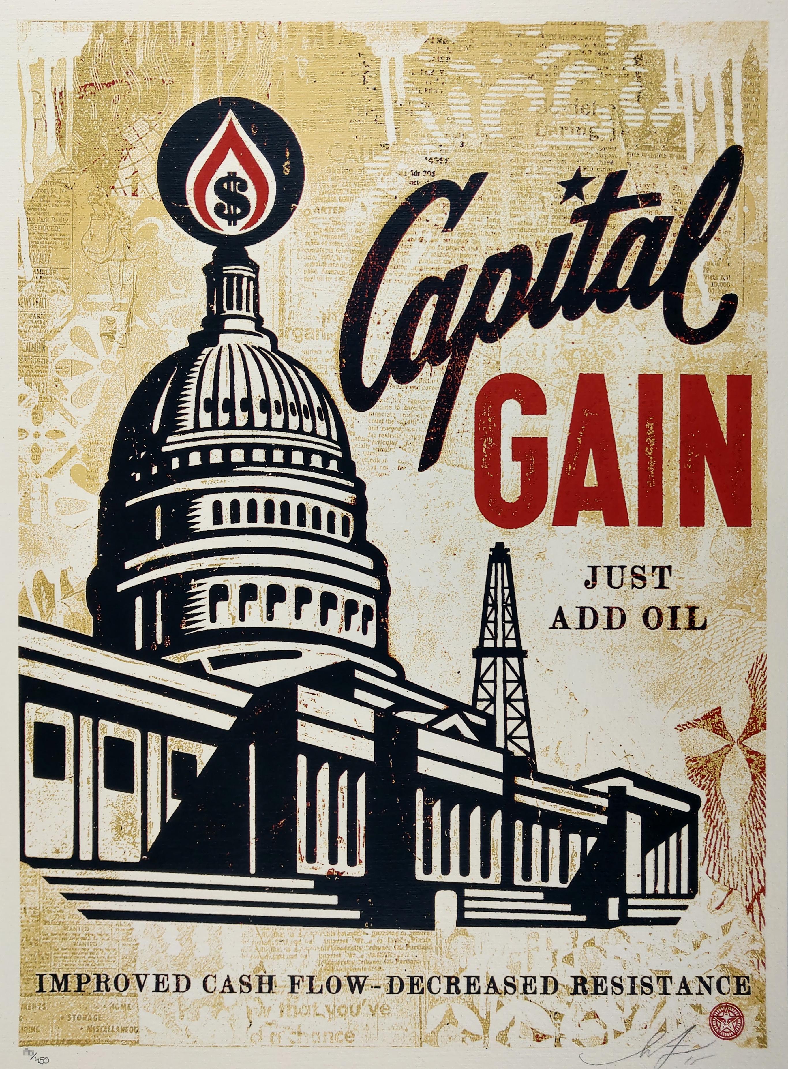 Capital Gain - Shepard Fairey Obey Contemporary Print. 18 x 24 inch screen print on French Paper 80# Cream Cordtone.  Signed and numbered edition of 450. 

The U.S. government gives approximately $70 billion in tax breaks and subsidies to the highly