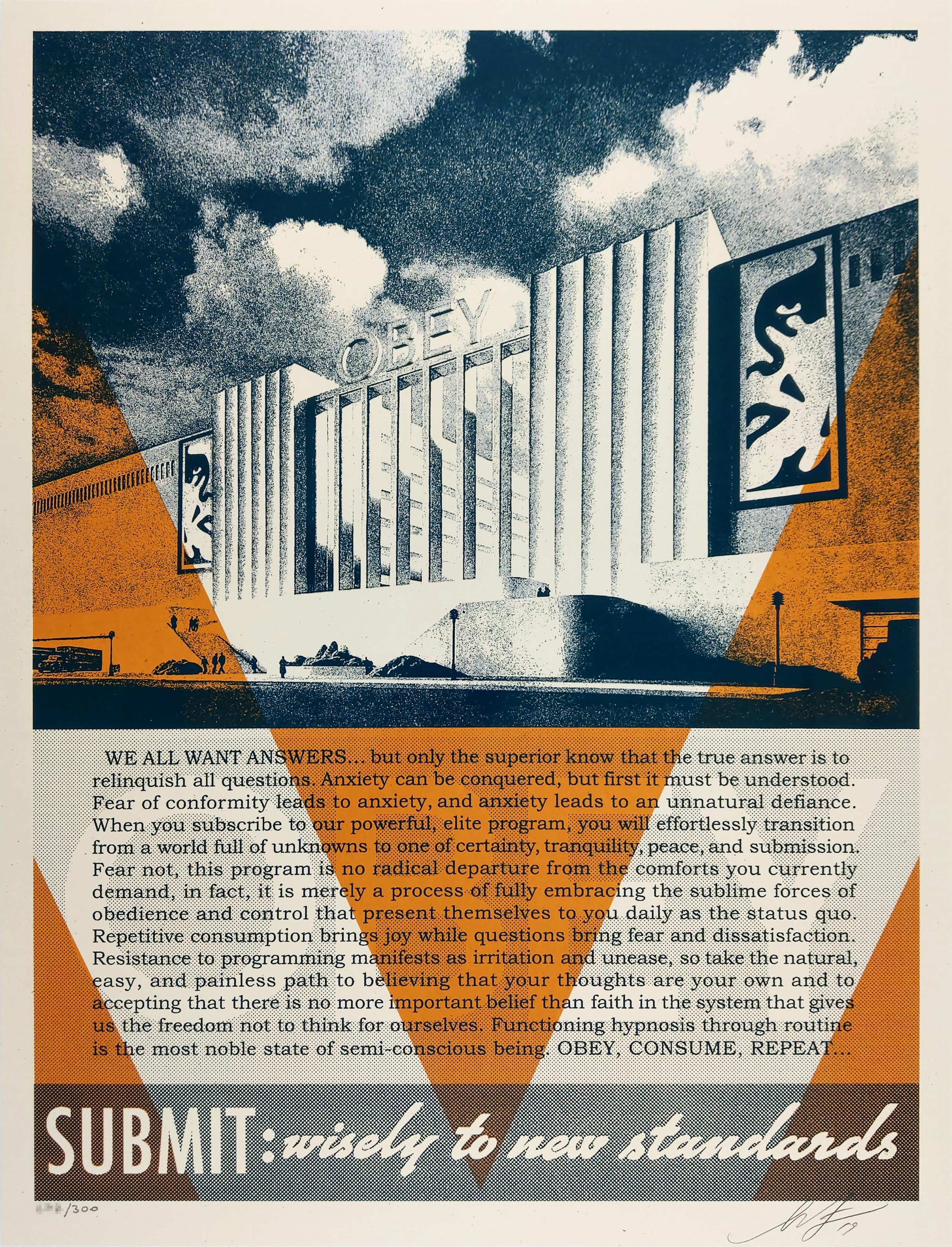 OBEY Conformity Factory (orange). Sérigraphie sur papier crème Speckle Tone. 18 x 24 pouces. Signé par Shepard Fairey. Édition numérotée de 300 exemplaires. Superbe impression mettant en valeur de puissantes images architecturales. Demandez la