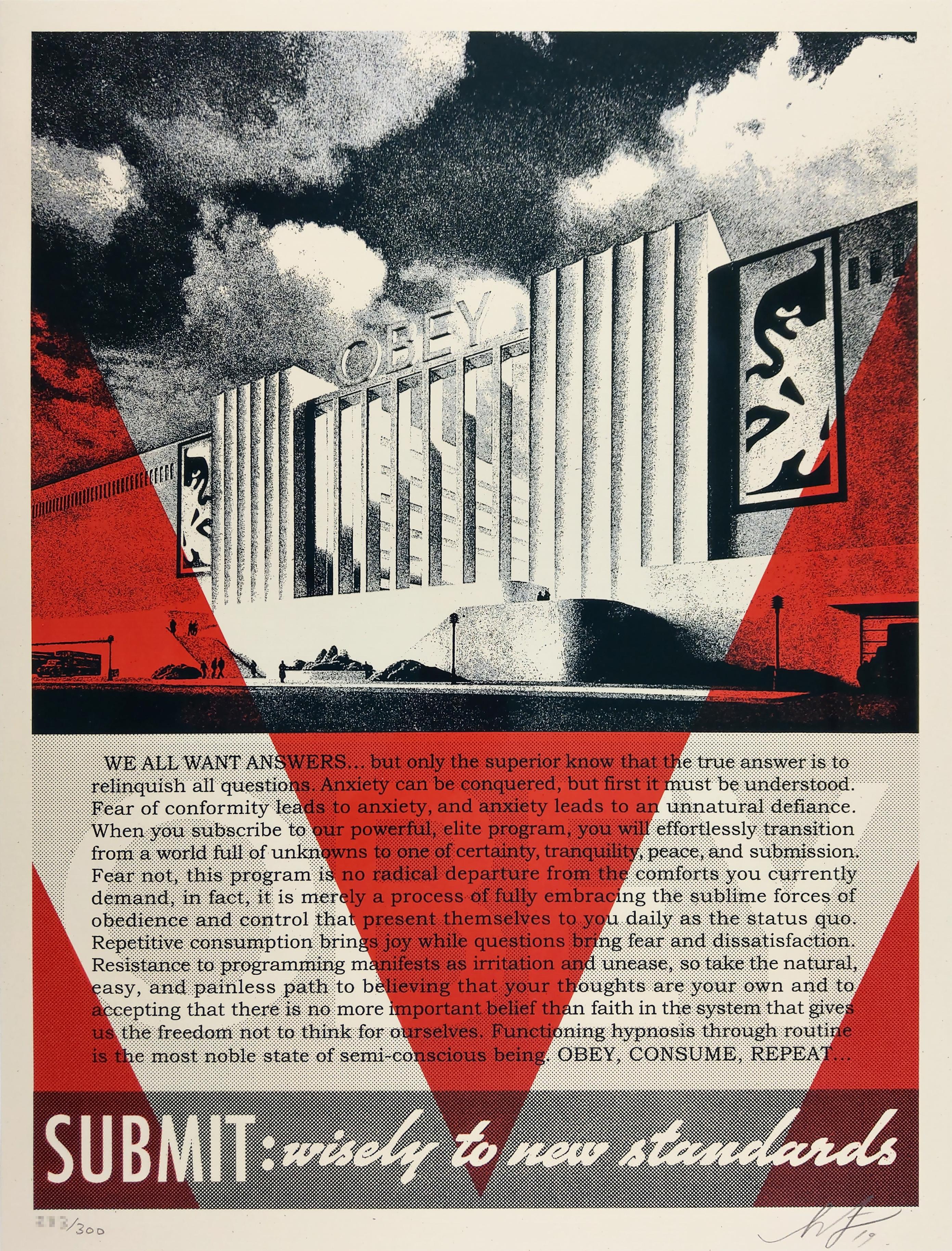 OBEY Conformity Factory (rouge). Sérigraphie sur papier crème Speckle Tone. 18 x 24 pouces. Signé par Shepard Fairey. Édition numérotée de 300 exemplaires. Superbe impression mettant en valeur des images architecturales puissantes. 

Shepard Fairey