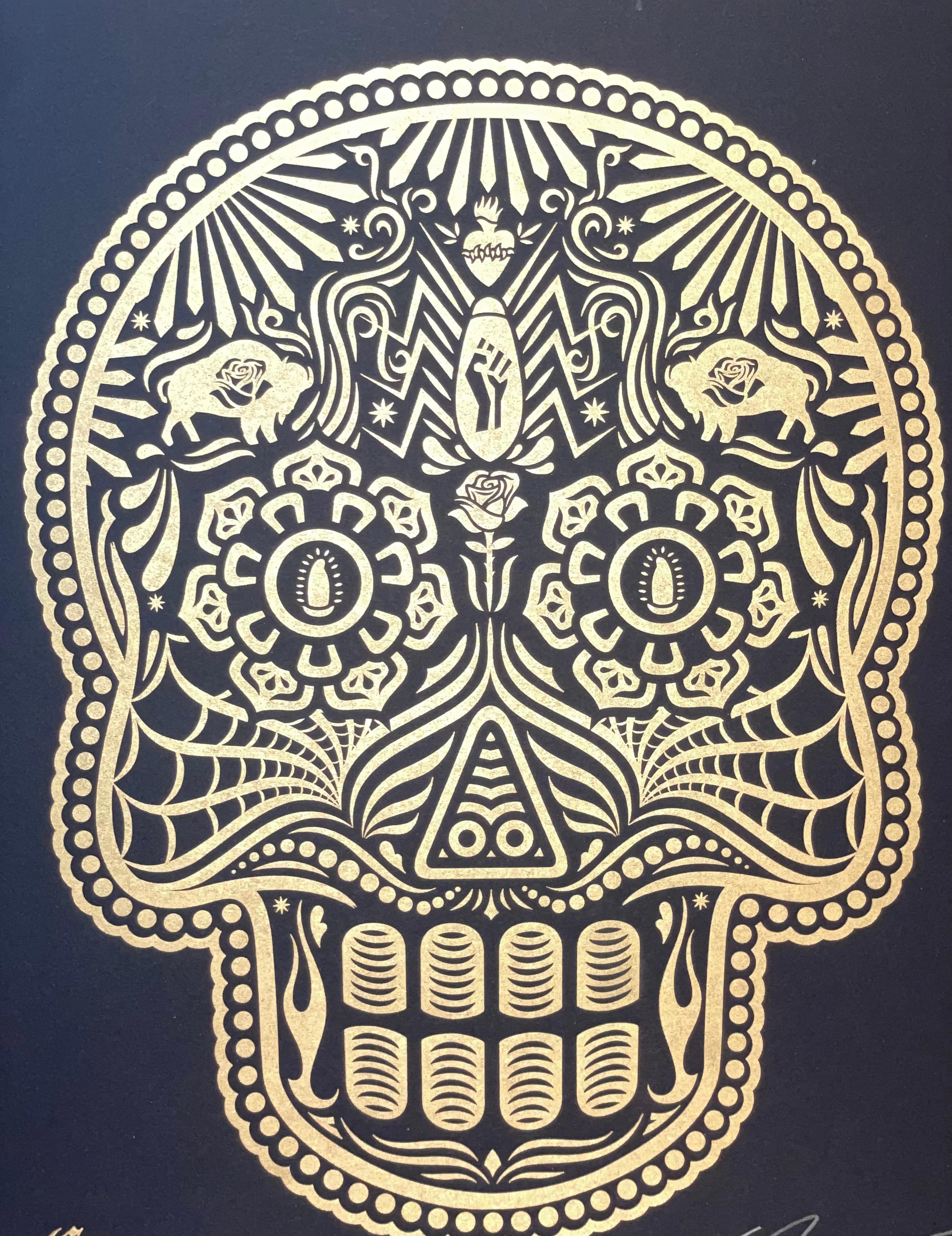 Obey & Ganas Day of the Dead Calavera Set. 11 x 14 inches. Letterpress print by Aardvark Letterpress. Obey version Signed by Ernesto Yerena and Shepard Fairey. Ganas version signed by Ernesto Yerena. Edition of 250. Sold as matching numbered