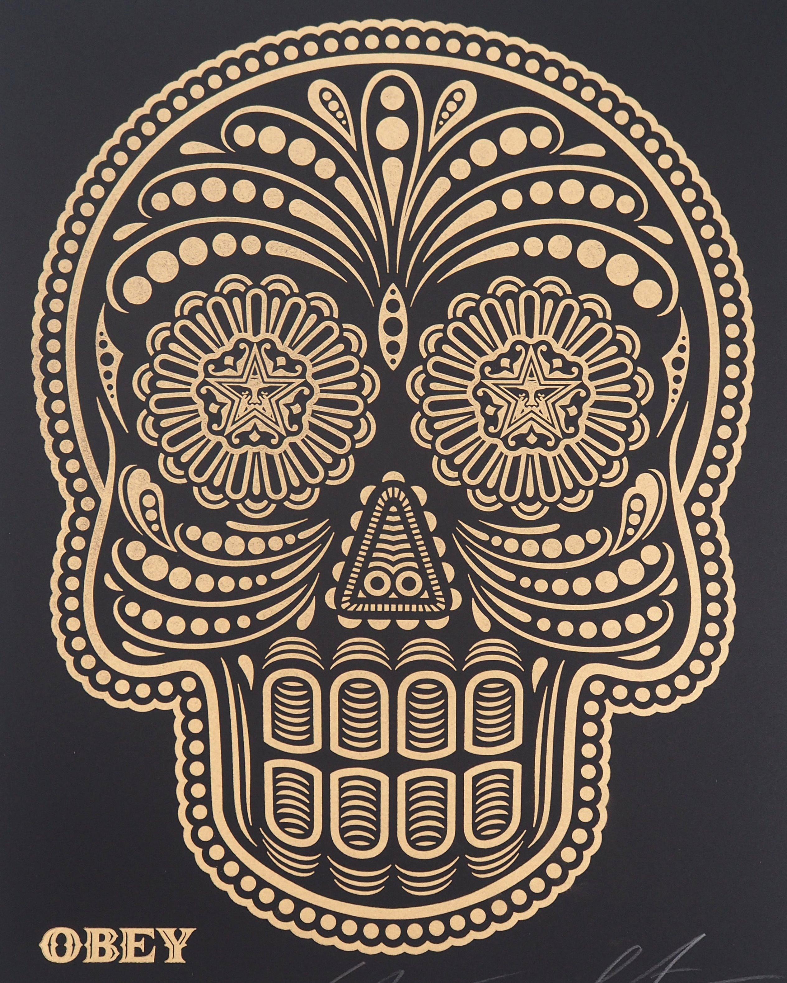 Shepard FAIREY (OBEY) and Ernesto YERENA (Ganas)
Dia de los Muertos / Day of the Dead

Two Original letterpress set (serigraphy)
Handsigned in pencil
Numbered /250 copies
On black vellum 35 x 28 cm (c. 18 x 11 inch)

Excellent condition